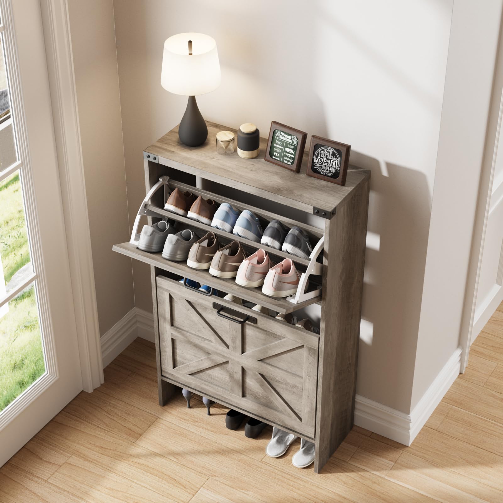 Farmhouse Style Slim Shoe Storage Cabinet with 2 Flip Drawers - Narrow Entryway Organizer for Hidden Shoes, Grey - Perfect for Small Spaces & Entryway Organization
