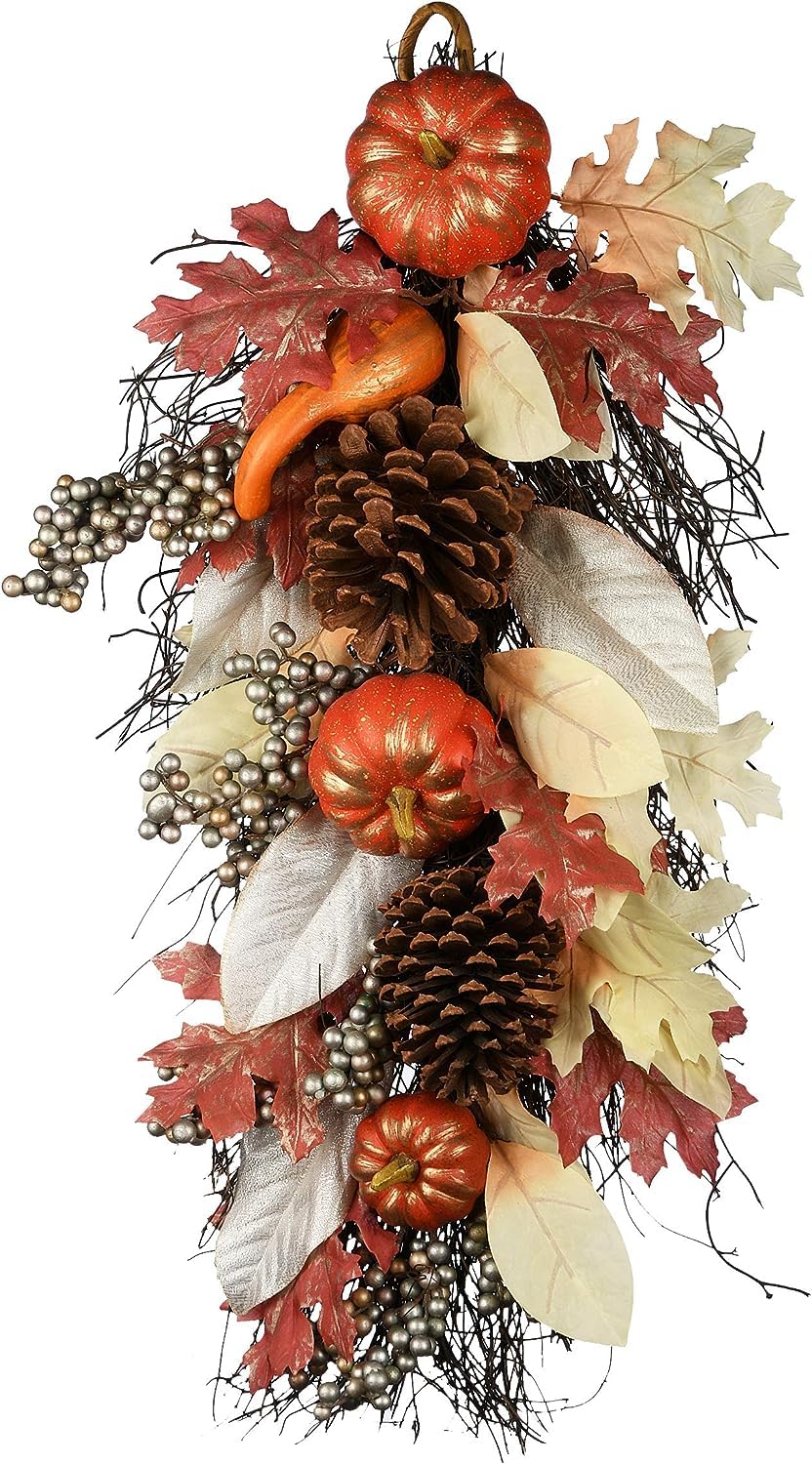 National Tree Company 24-inch Fall Teardrop Wall Decoration - Pumpkin, Pine Cone, Berry & Maple Leaf Autumn Wreath for Seasonal Home Decor | Perfect for Thanksgiving, Front Door, Fireplace & Harvest Festival Decorating