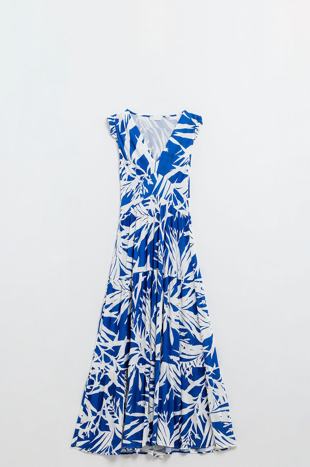 Women's Long V-Neck Tropical Print Blue Robe with Side Slit - Perfect for Spa, Lounging & Beach Cover-Up