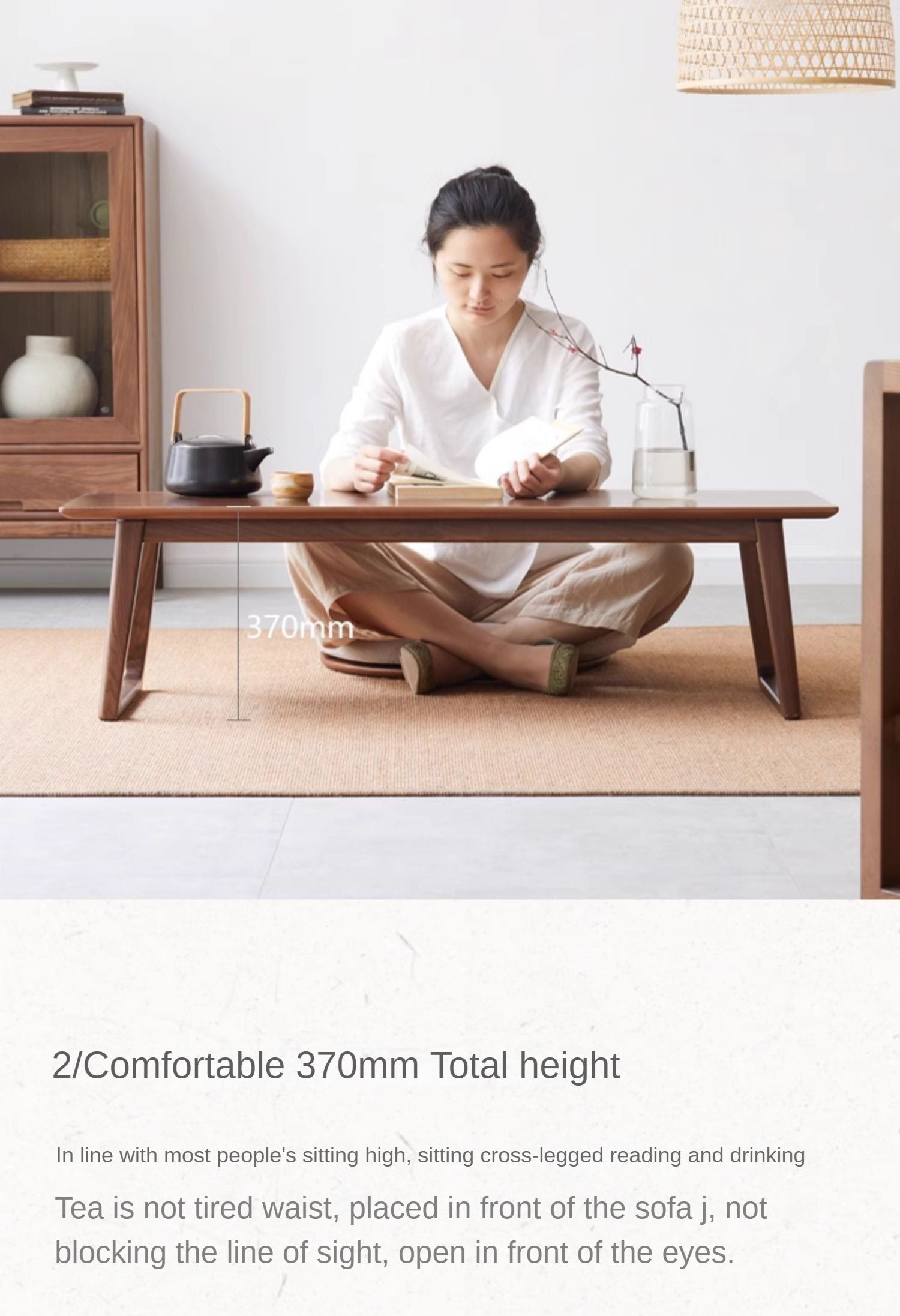 Solid Black Walnut & Ash Wood Low Coffee Table - Modern Minimalist Small Side Table for Living Room, Bedroom, or Office