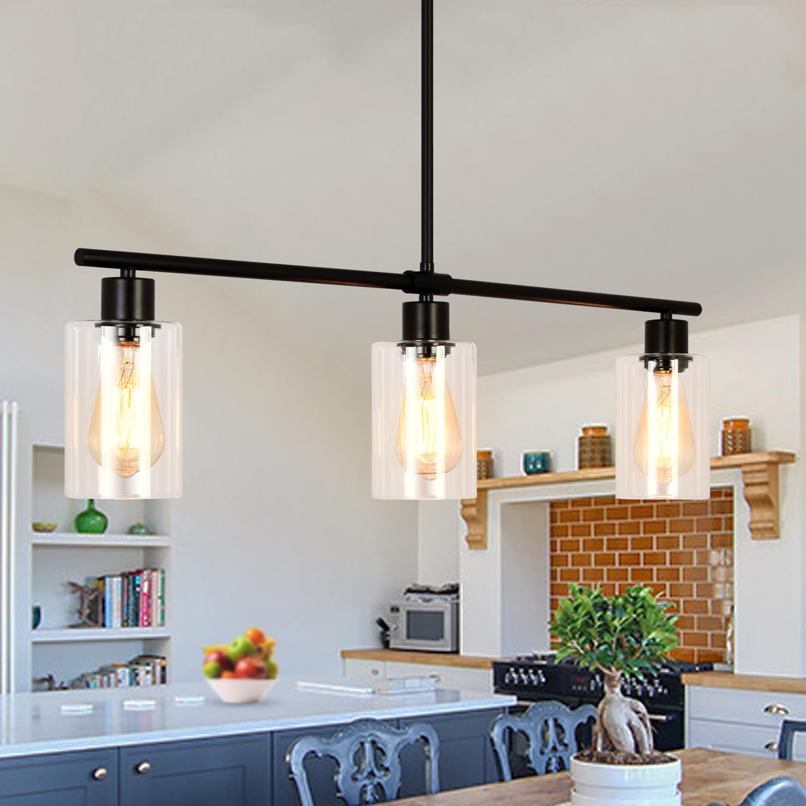 Modern Black Farmhouse Chandelier - 3-Light Pendant Lighting for Kitchen Island, Dining Room & Living Room | Glass Shade Ceiling Hanging Light Fixture | Perfect for Entryway, Foyer & Home Decor