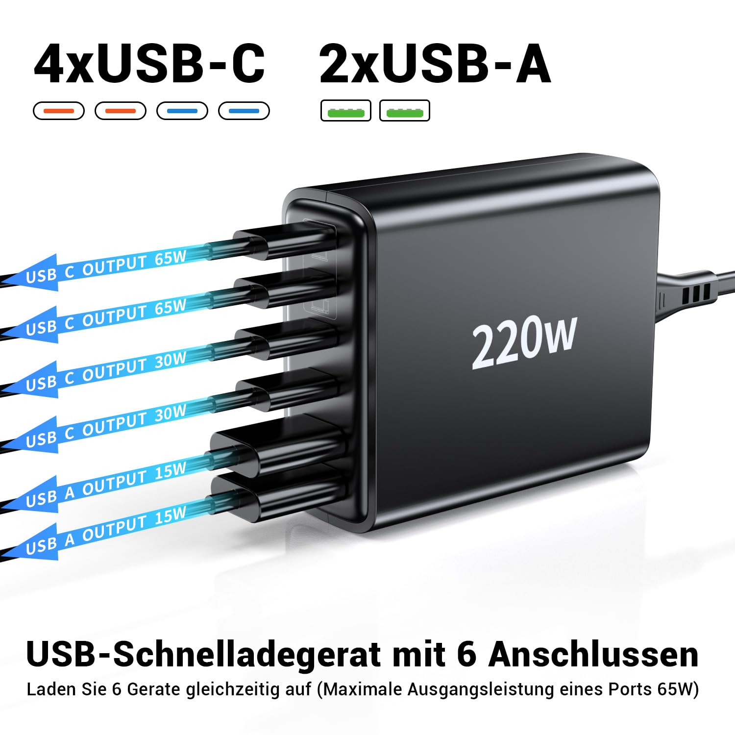 220W 6-Port USB C Fast Charger with PD & QC - 4 USB-C + 2 USB-A Multi Port Charging Station for iPhone, Samsung, iPad, Pixel & More | Perfect for Home, Office & Travel | Black
