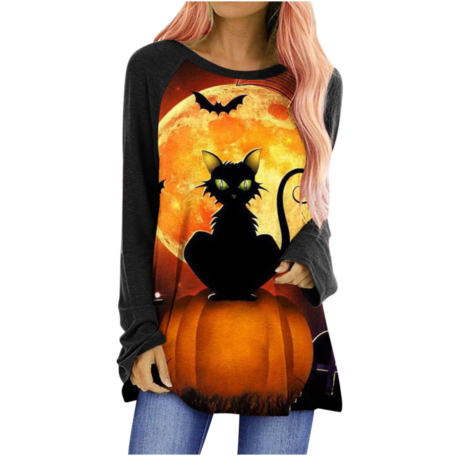 Halloween Shirts for Women - Casual Loose Fit Long Sleeve Crewneck Pullover Tops with Trendy Pattern Print | Perfect for Halloween Parties, Costume Events & Fall Fashion Outfits