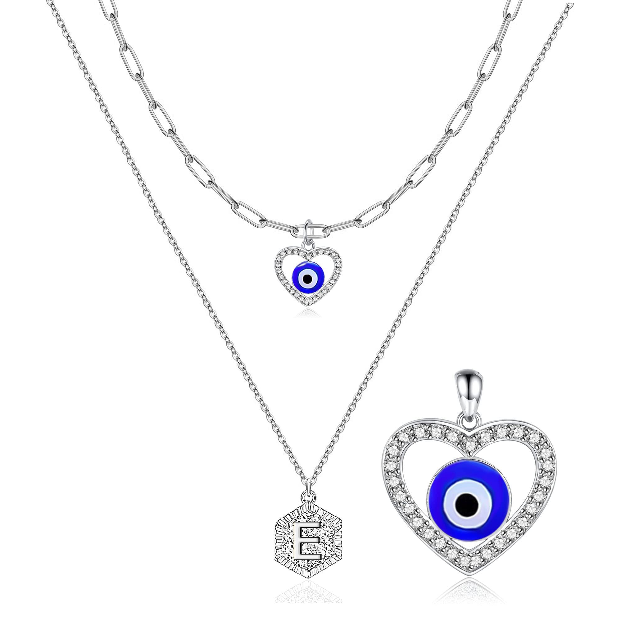 Evil Eye Heart Pendant Necklace for Women & Teen Girls - Personalized Initial Layered Necklace - Spiritual Protection Jewelry Gift for Birthday, Valentine's Day & Everyday Wear