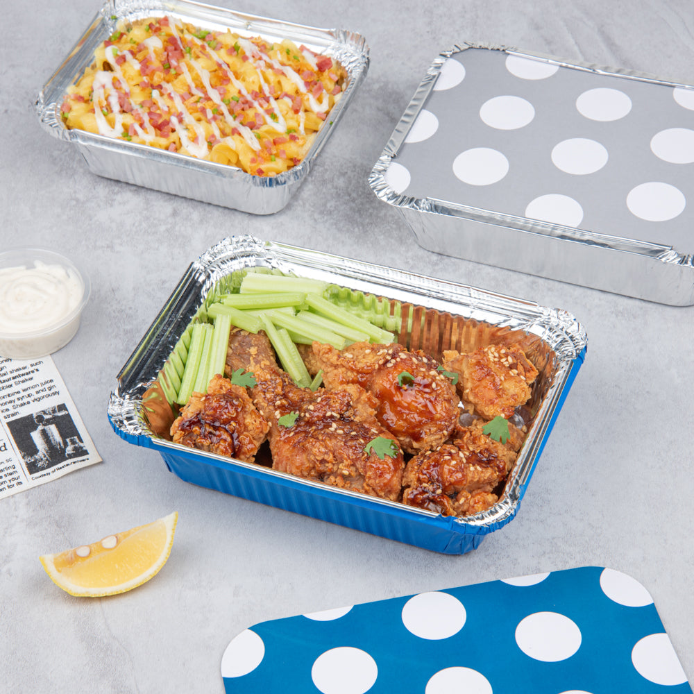 16 oz Rectangle Blue Aluminum Take Out Containers with Polka Dot Paper Lids - 7.25
