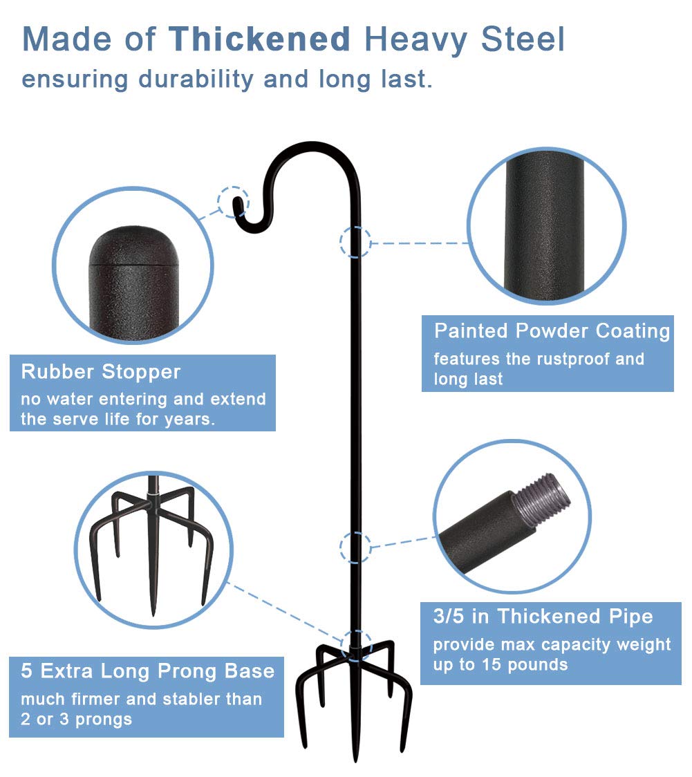 92 Inch Heavy Duty Adjustable Outdoor Shepherd Hooks (2 Pack) - 5-Prong Base Garden Hanging Stand for Bird Feeders, Lanterns & Planters - Matte Black - Perfect for Patio, Yard Decor & Outdoor Wedding Decorations