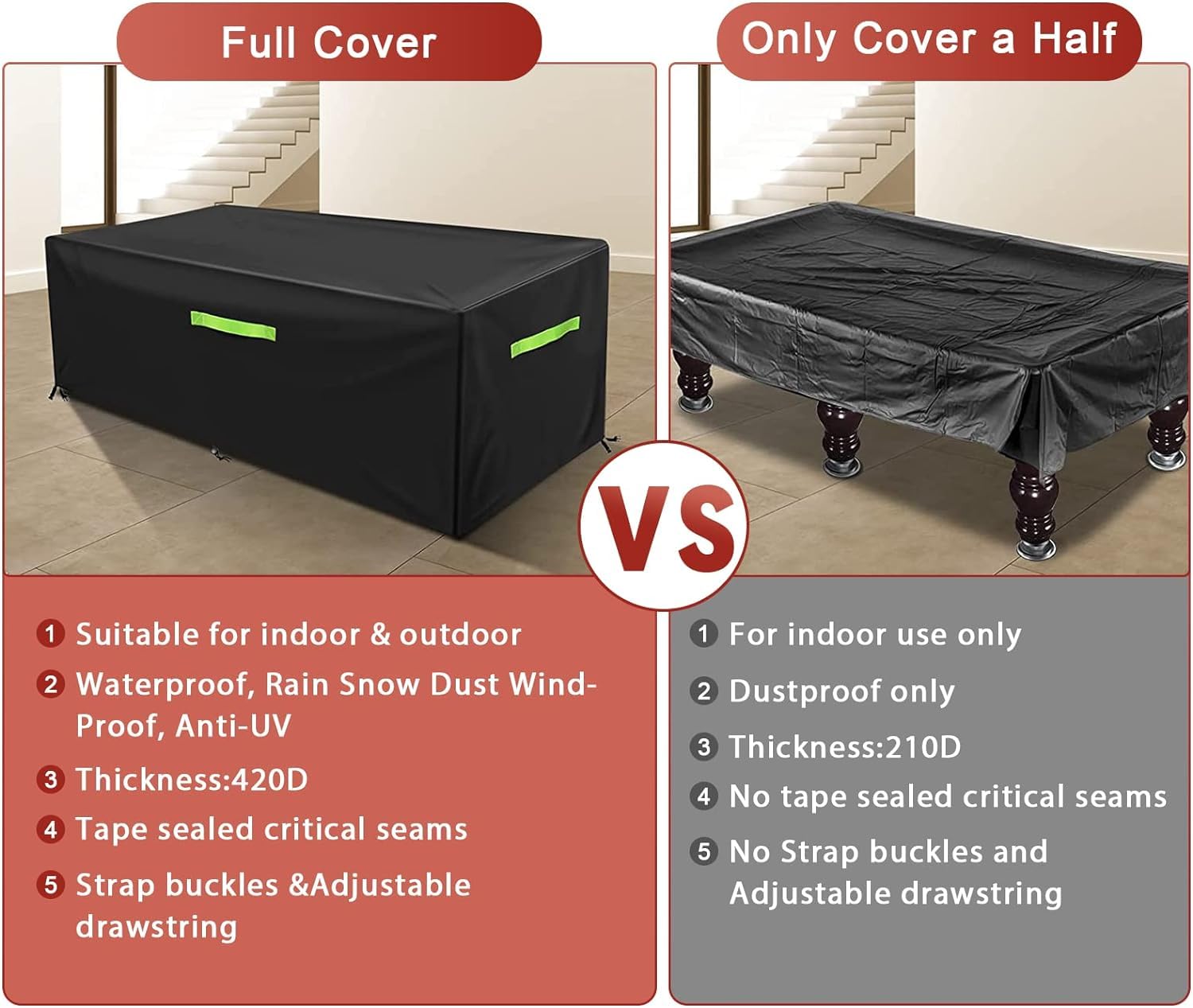 Premium Waterproof Pool Table Cover with Handles & Drawstring - Fits 7/8/9 FT Indoor/Outdoor Billiard & Snooker Tables - Durable Protection for Home Game Rooms, Bars & Patios
