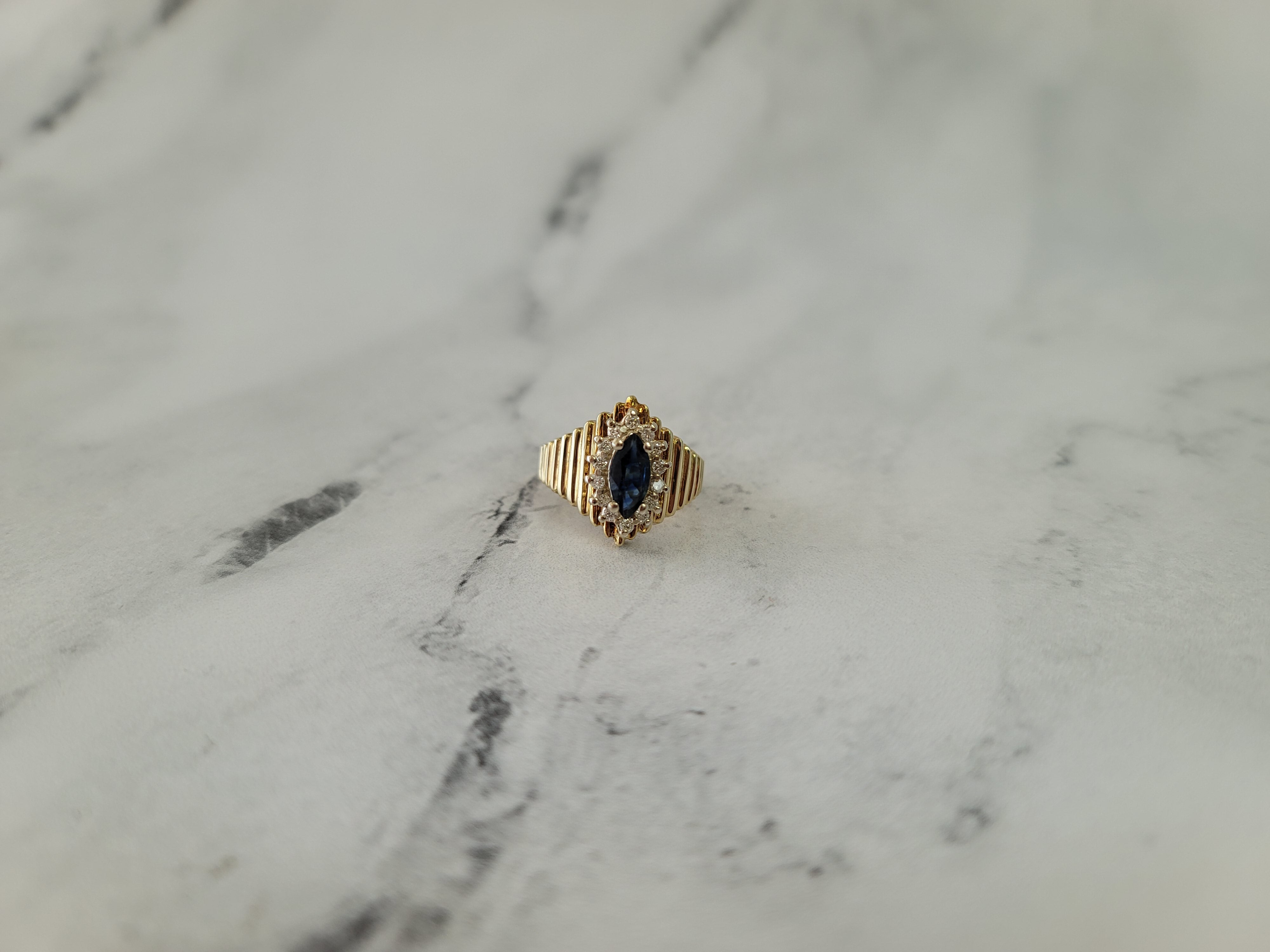 Exquisite Marquise Sapphire & Diamond Halo Ring in 14K Yellow Gold – Perfect for Engagement, Anniversary & Special Occasions