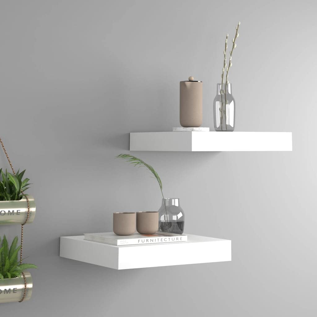 Modern Floating Wall Shelves Set of 2 - White MDF Decorative Ledge Shelf 9.1
