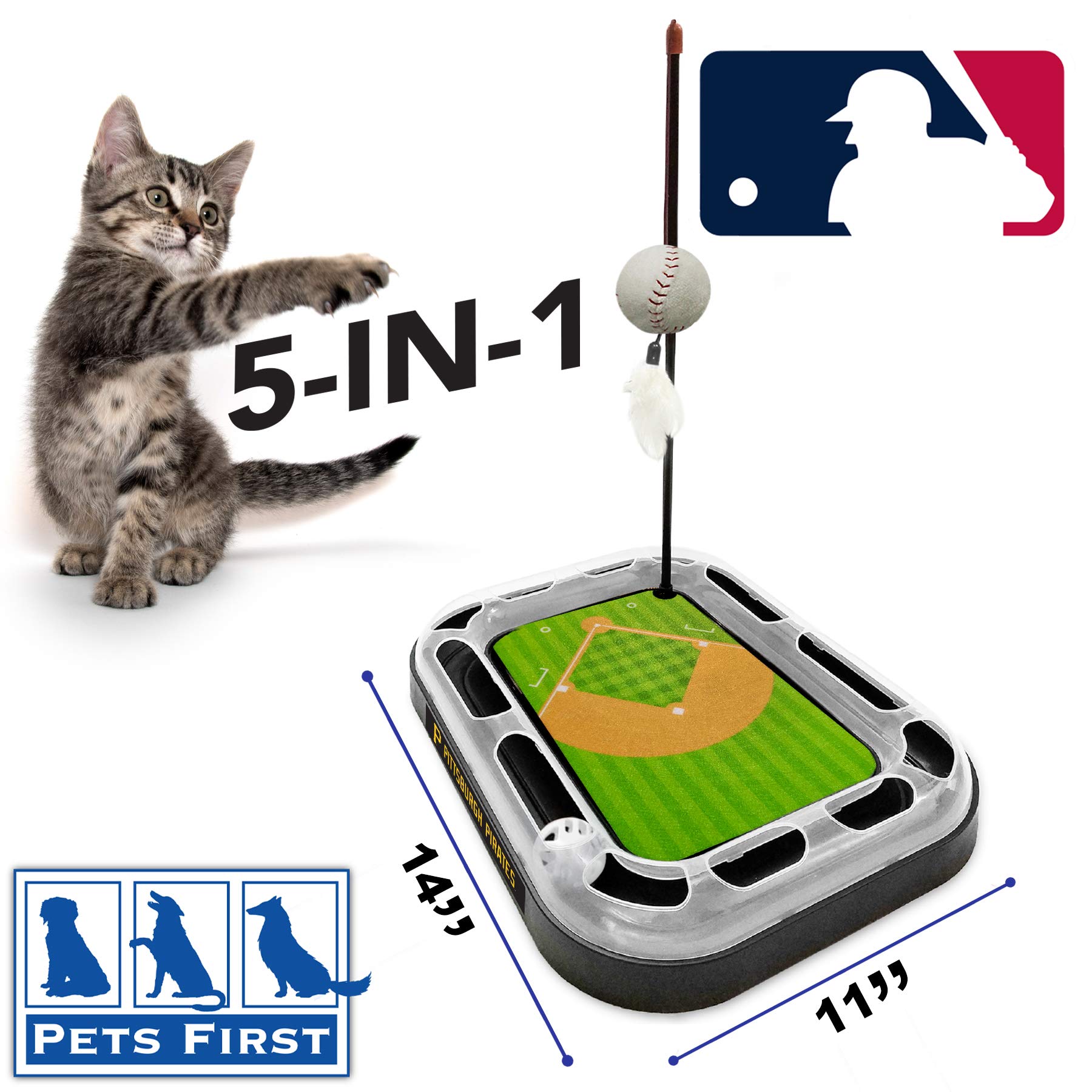 Pittsburgh Pirates Baseball Field Cat Scratcher Toy with Interactive Ball & Bell - 5-in-1 Cat Toy Set Includes Wand, Catnip Plush Baseball & Feathers - Perfect for Playtime, Exercise & Indoor Entertainment for Cats