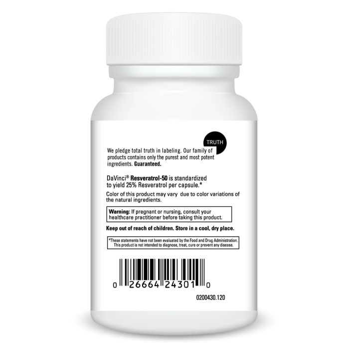 Davinci Labs Resveratrol 50mg - 120 Capsules | Antioxidant Supplement for Heart Health & Anti-Aging | Supports Cellular Health & Longevity - Perfect for Daily Wellness Routine