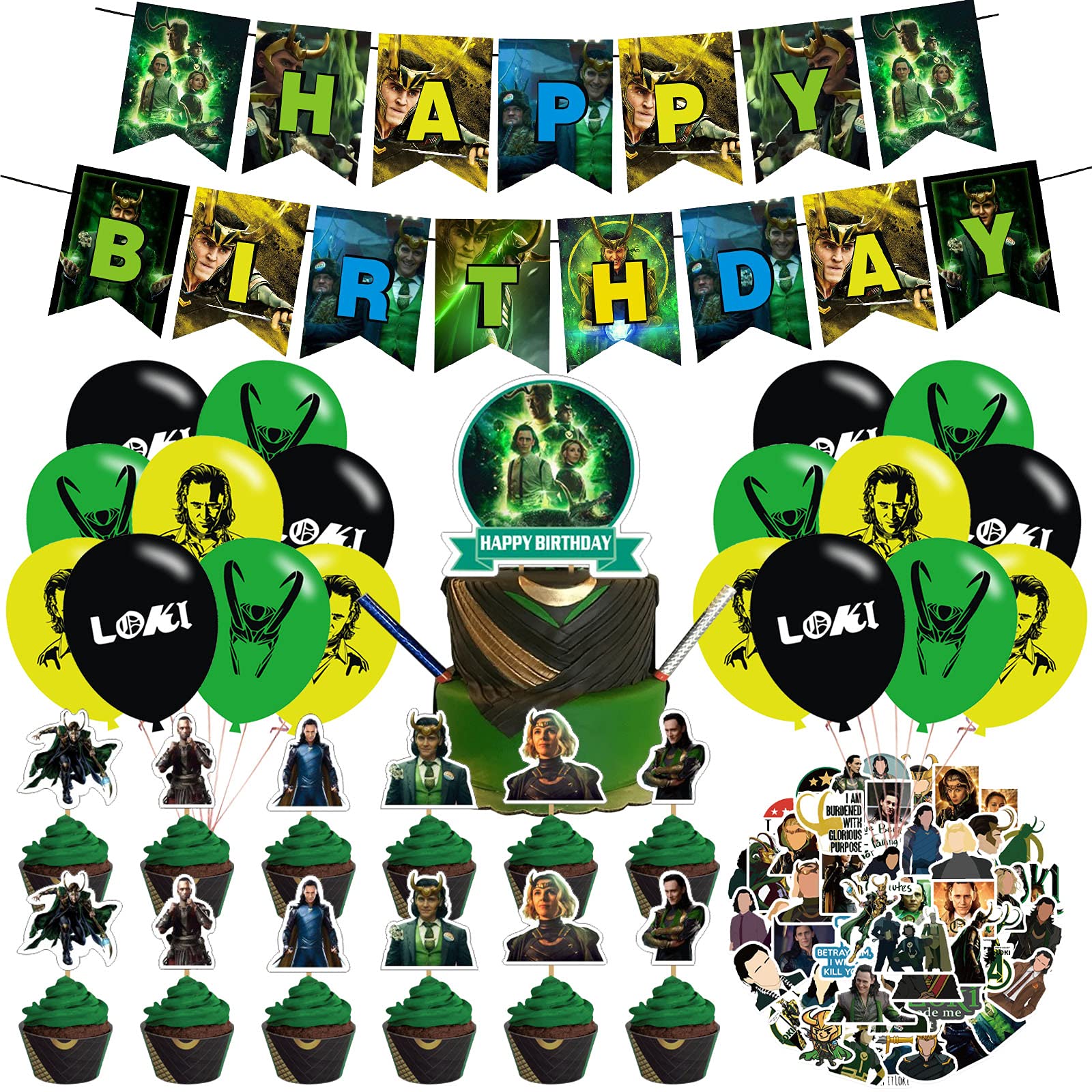 Loki Party Decorations Set - Birthday Banner, Cake Topper, Cupcake Wrappers, Balloons & Stickers for Marvel Themed Parties, Baby Showers & Superhero Celebrations