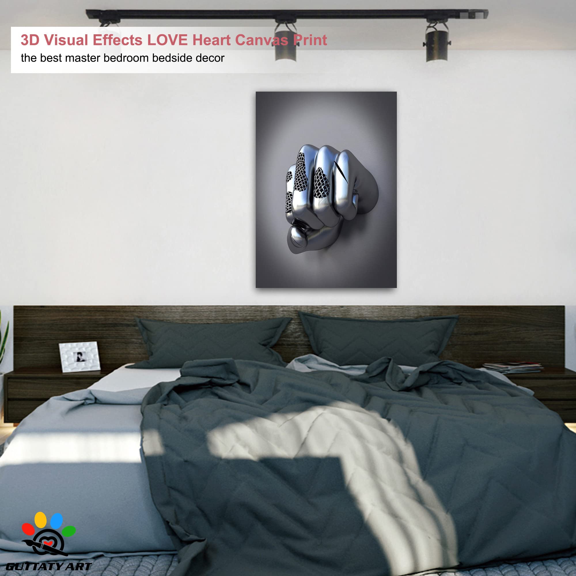 3D Metal Effect Fist Canvas Wall Art - Modern Silver Framed Wall Decor for Men's Bedroom & Living Room - 28x40 Inches Valentine's Day Gift - Perfect for Home Office, Man Cave, and Contemporary Interior Design