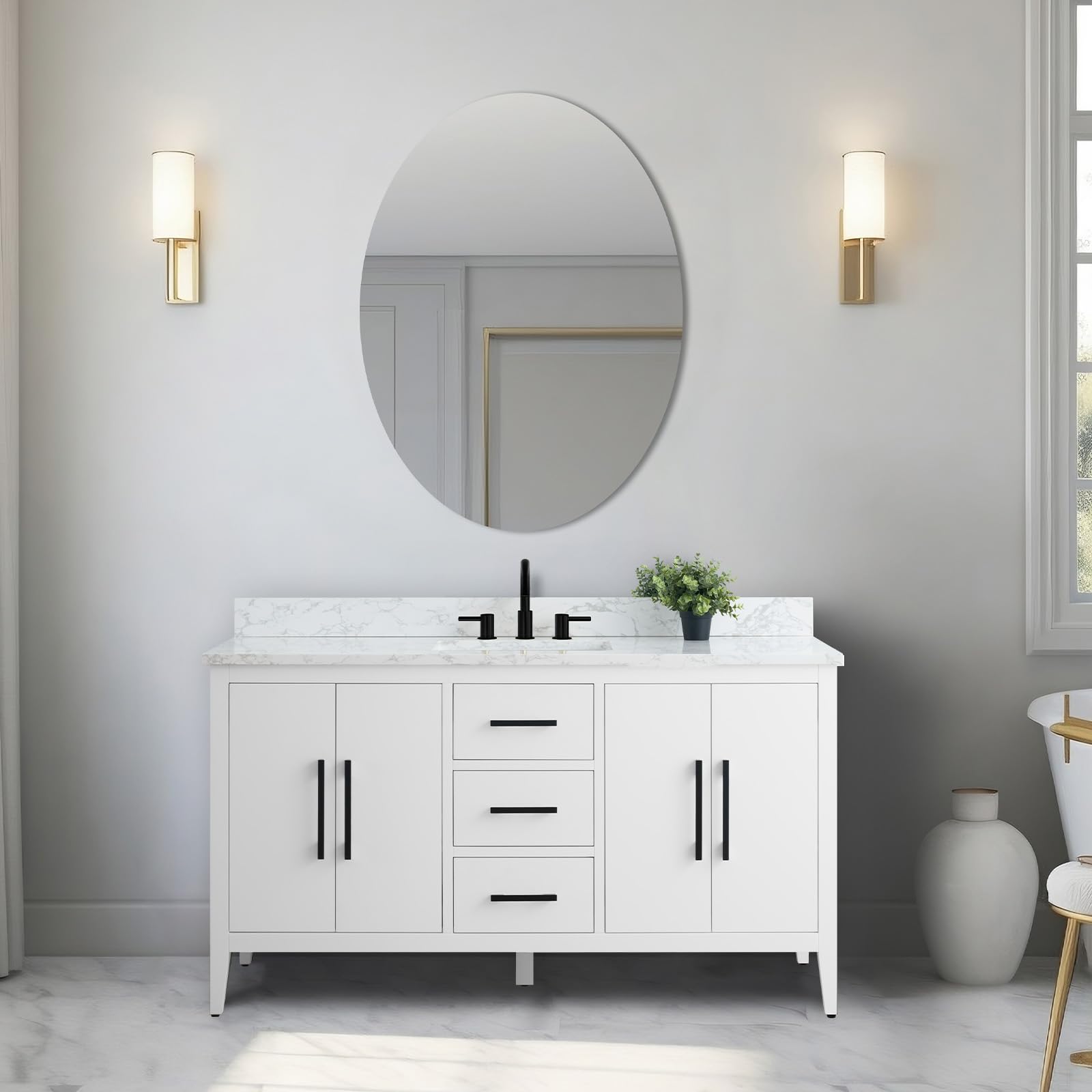 Vanity Art 60 Inch White Bathroom Vanity with Single Sink & Ceramic Top - Soft-Closing Doors, Drawers, Solid Wood Frame (VA9060-SW-MB1) | Perfect for Modern Bathrooms, Master Suites & Home Renovations