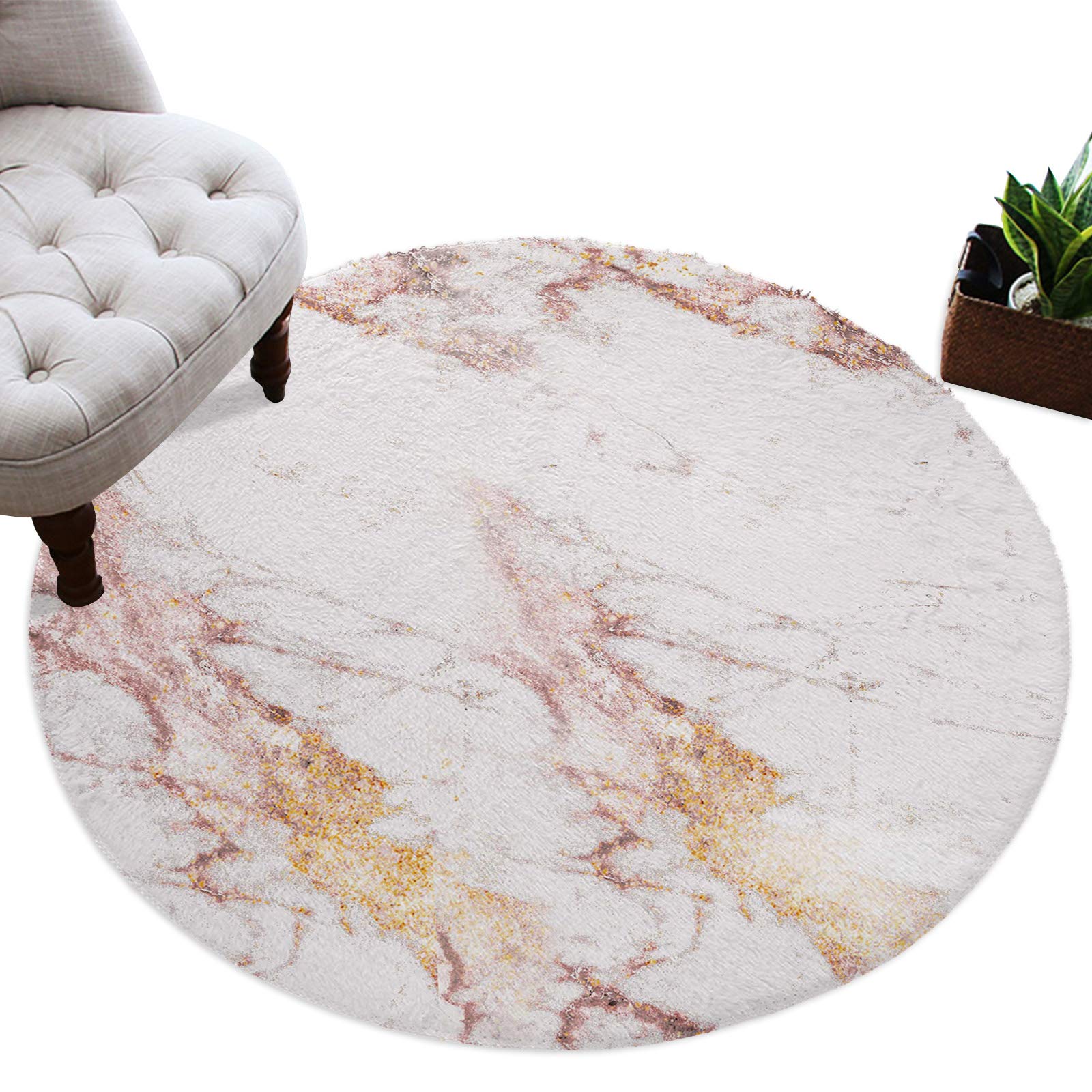 CHARMHOME 5ft Rose Gold Flashing Marble Shaggy Carpet - Ultra Soft Plush Circular Area Rug for Living Room, Nursery, Bedroom | Cozy Home Decor, Perfect for Kids Play Area & Family Gatherings