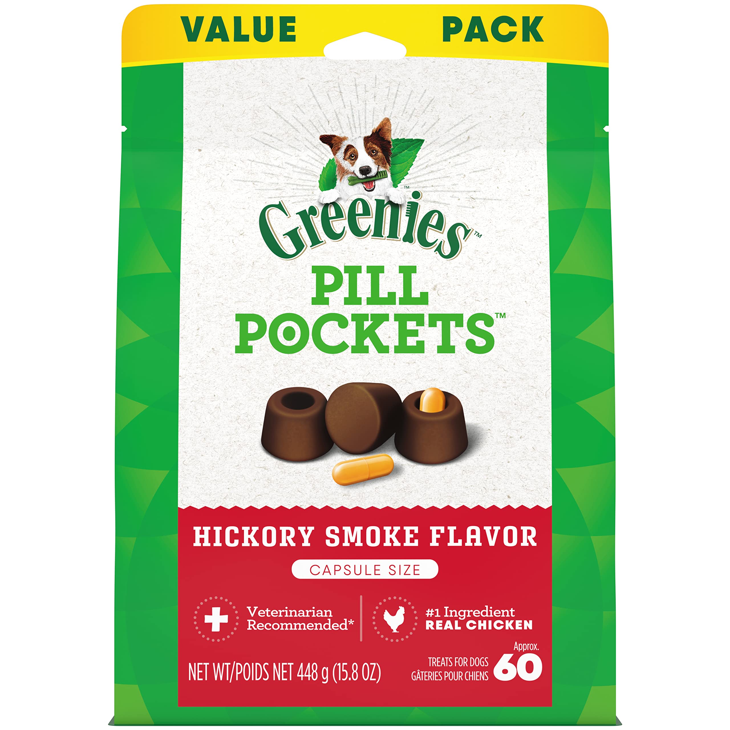 Greenies Pill Pockets for Dogs - Natural Soft Dog Treats with Hickory Smoke Flavor, Capsule Size (60 Treats, 15.8 oz Pack) - Perfect for Hiding Medication & Training Rewards