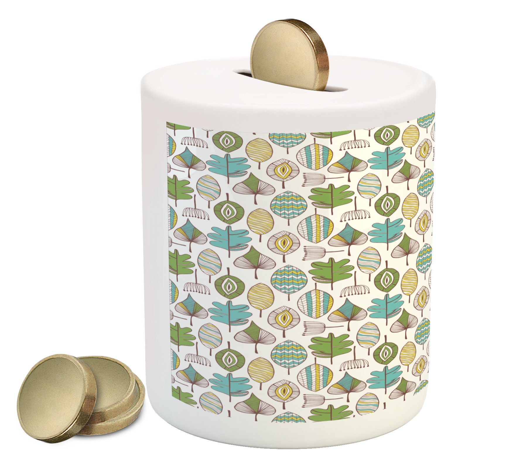 Ambesonne Floral Ceramic Piggy Bank - Boho Tribal Design with Dandelion Leaves & Mother Earth Print - Money Saving Coin Box for Kids & Adults | Perfect for Home Decor, Birthday Gifts & Cash Savings