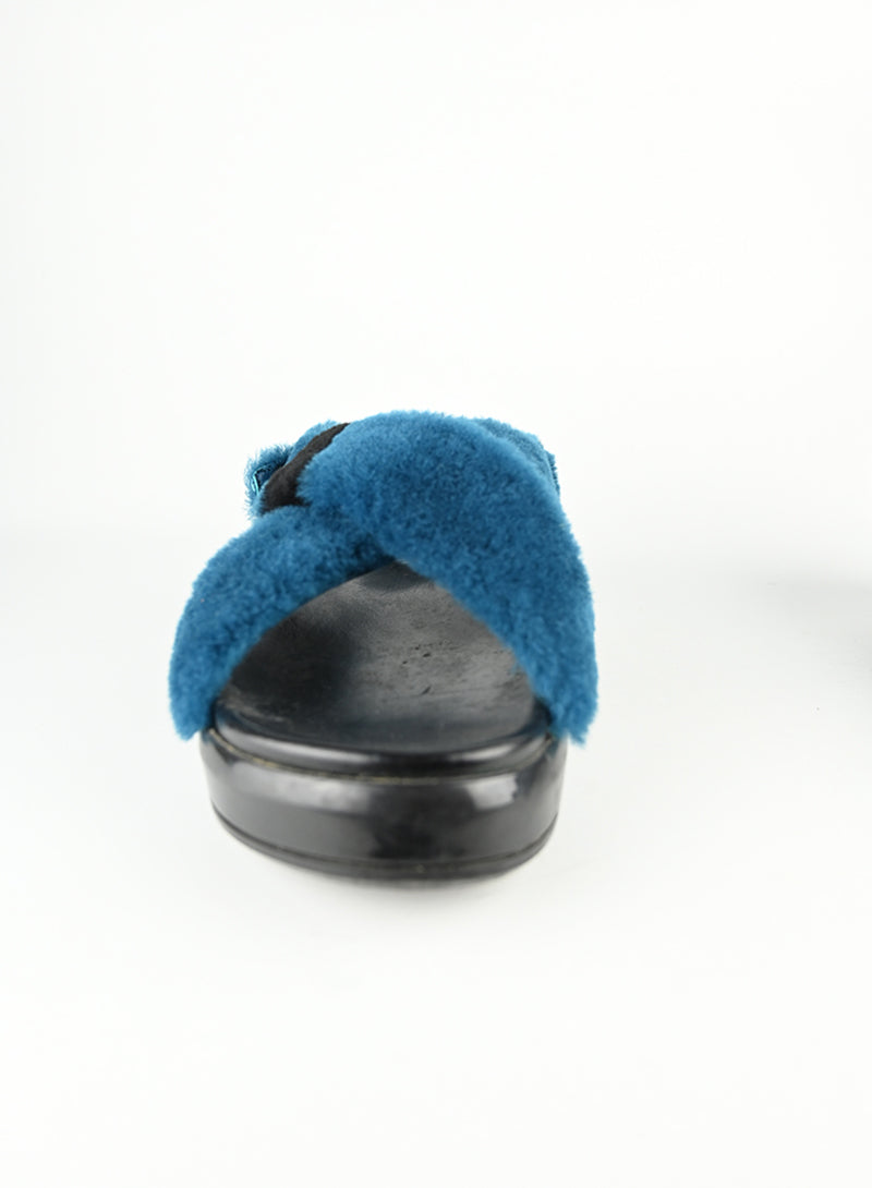 Prada Blue Fur Sandals Women's Size 39 - Luxury Designer Slides for Summer & Beach Wear