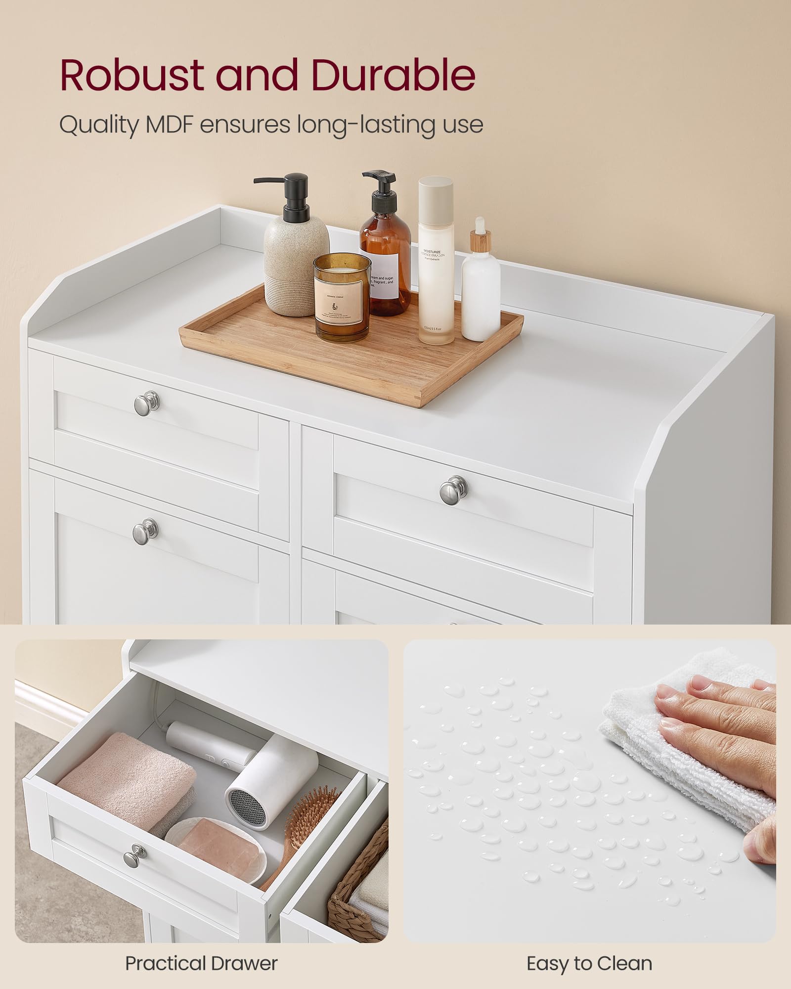 VASAGLE Freestanding Bathroom Laundry Storage Cabinet with 2 Drawers & 2 Tilt-Out Baskets, Hidden Hampers, White Storage Organizer for Bathroom, Laundry Room, Closet (31.1