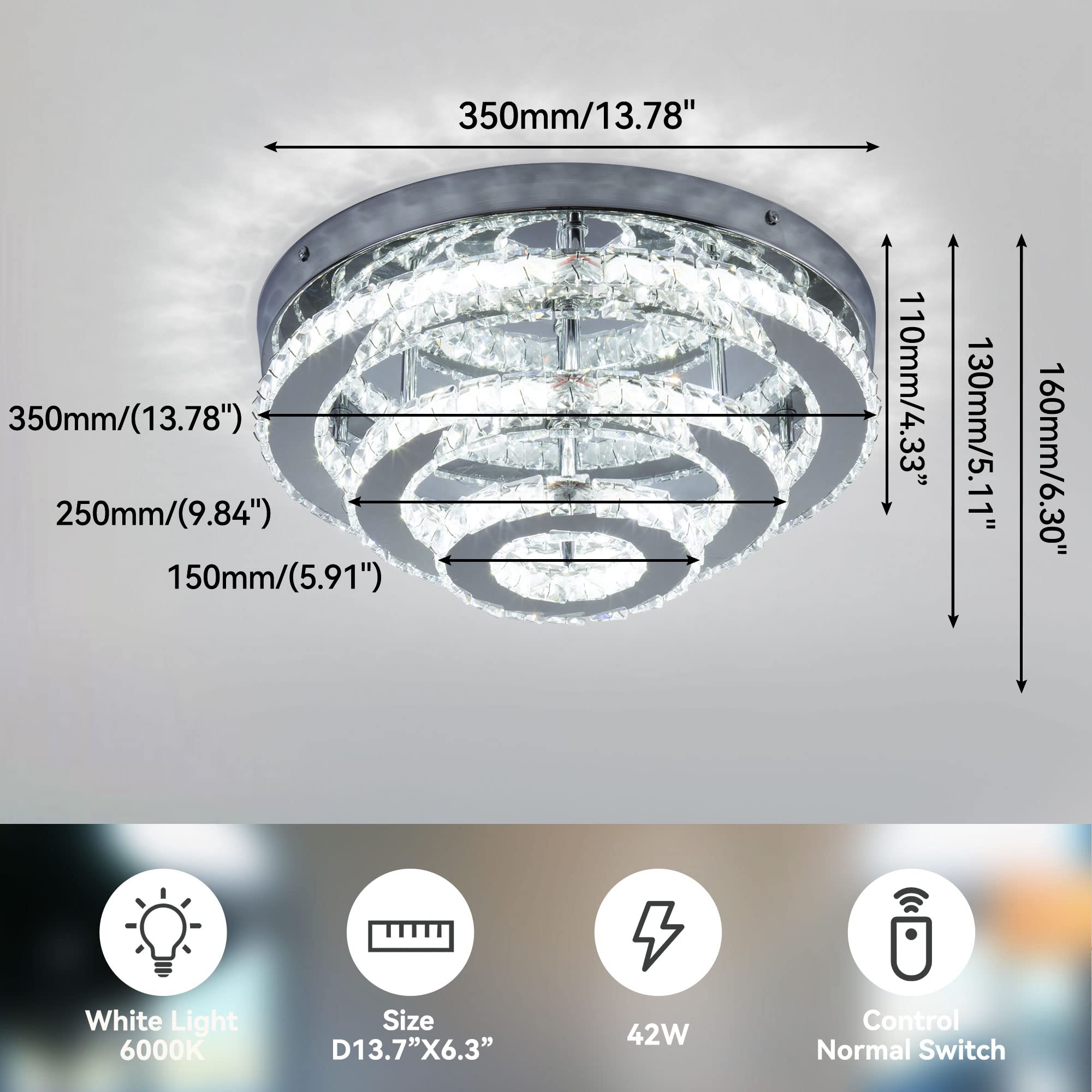 Modern Crystal Chandelier LED 3-Tier Flush Mount Ceiling Light - 13.8
