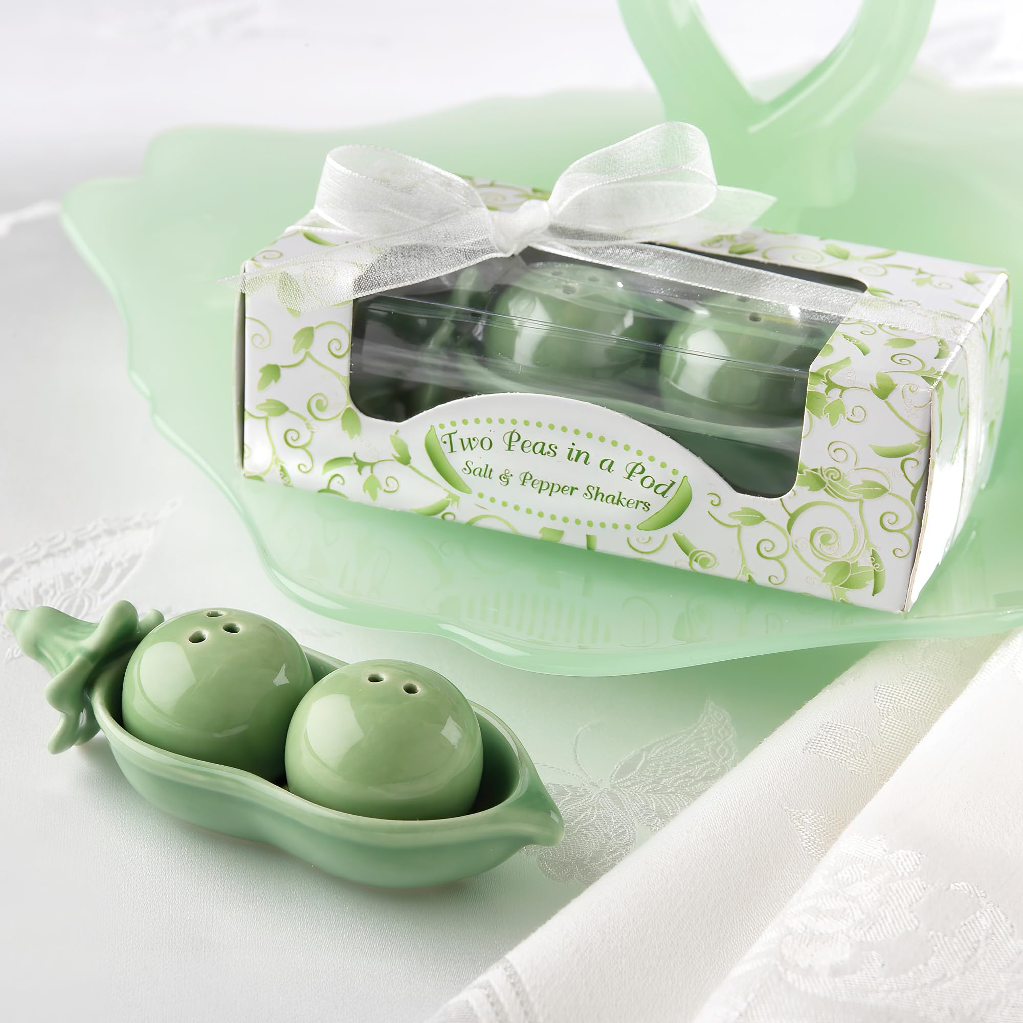 Kate Aspen Two Peas in A Pod Ceramic Salt and Pepper Shakers Set - Ivy Print Gift Box for Kitchen, Dining Table & Housewarming Gifts