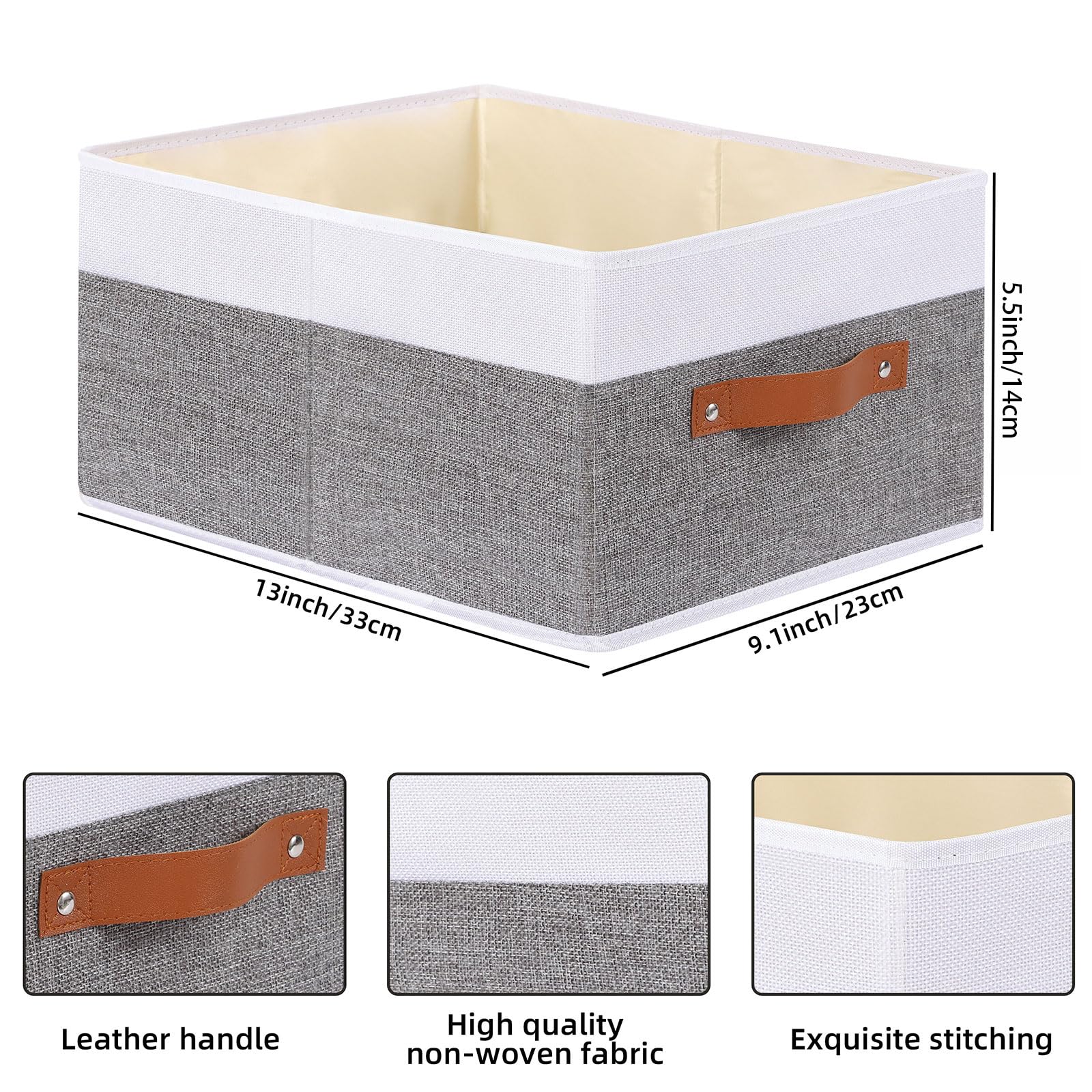 Clothing Storage Bins with Handles - 4 Pack Fabric Organizer Baskets for Shelves (13×9.1×5.5 Inch) - White & Grey - Perfect for Closet, Bedroom & Nursery Organization