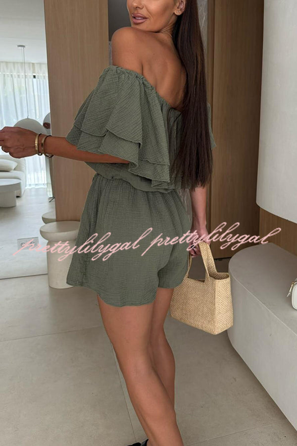 Solid Color Off Shoulder Ruffled Casual Waist Rompers for Women - Summer Beach Party Outfit & Vacation Jumpsuit
