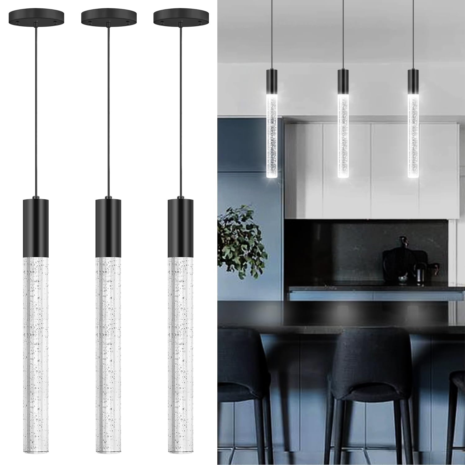 3 Pack Modern Black Dimmable LED Pendant Lights for Kitchen Island, Dining Room & Bedroom - Adjustable Hanging Lighting Fixtures for Home Decor