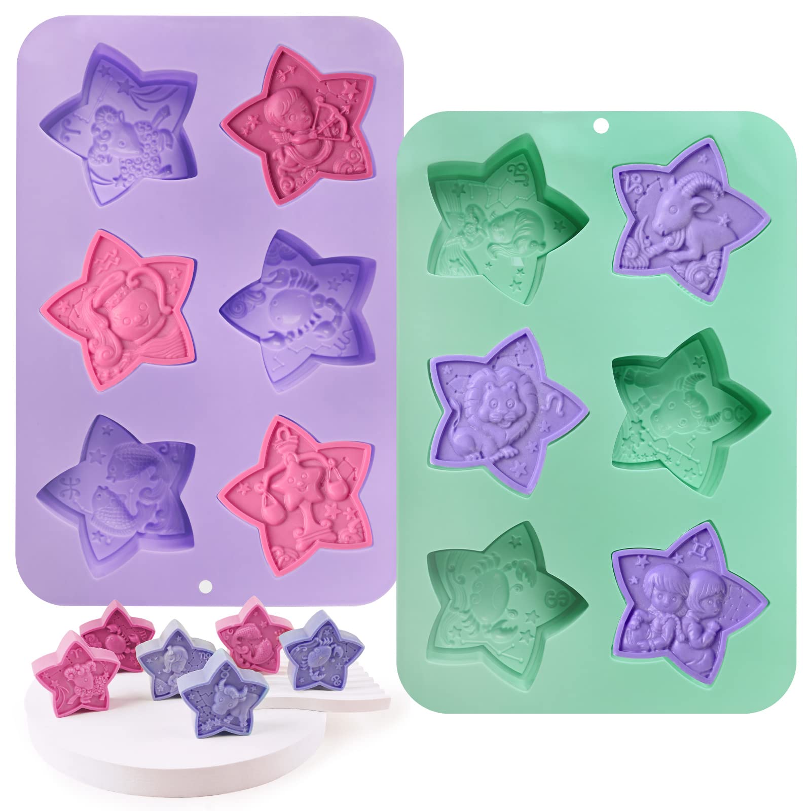 Moukiween 12 Constellations Silicone Soap Molds - 2PCS 6 Cavities Zodiac Soap Mold Set (2.1oz Each) for DIY Bath Bombs, Shower Steamers, Lotion Bars & Candles - Perfect for Home Spa, Gift Making & Craft Projects