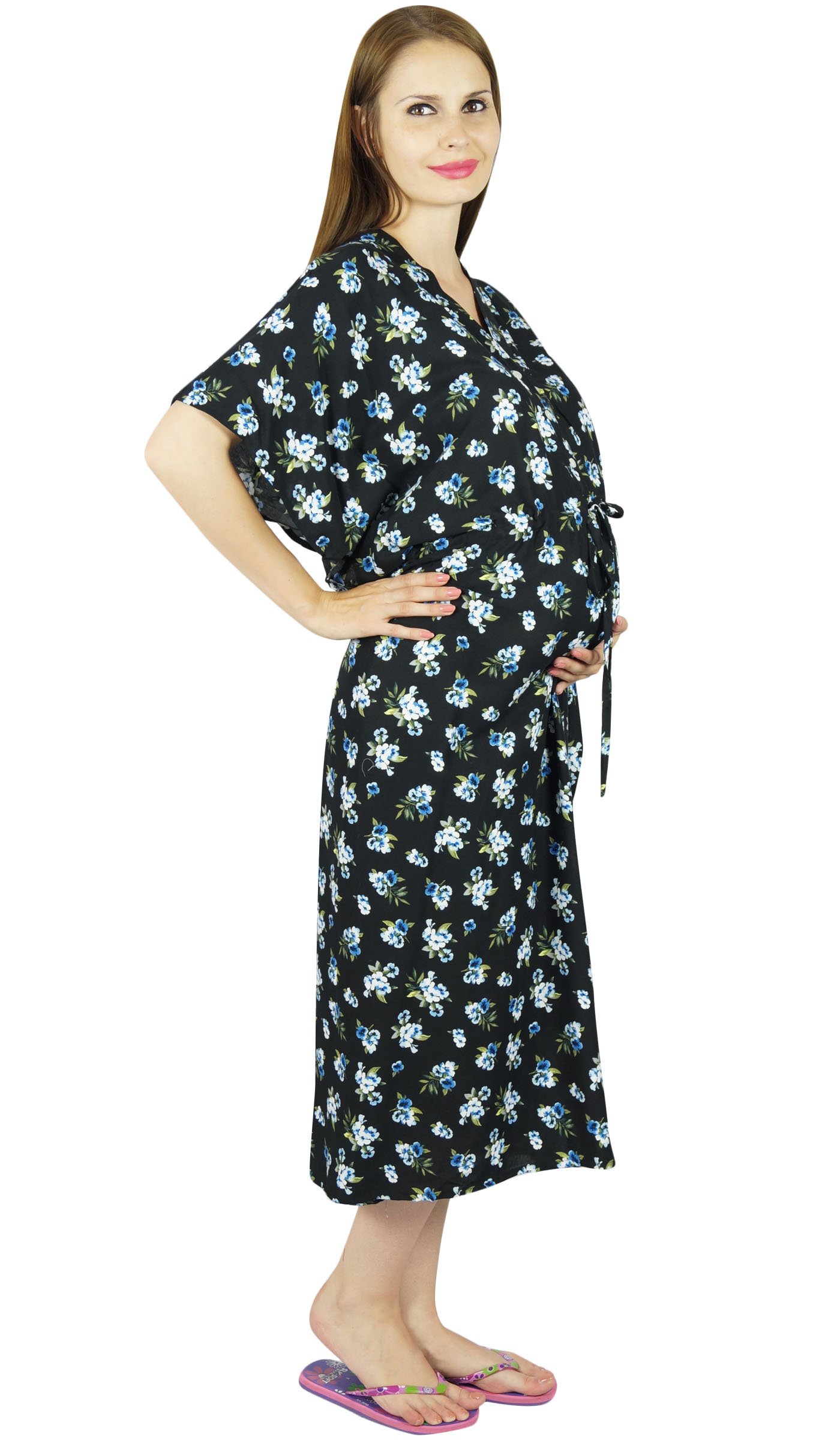 Bimba Maternity Floral Kaftan Nursing Nightgown with Front Buttons - Comfortable Breastfeeding Dress for Pregnancy & Postpartum - Perfect for Hospital, Home & Nursing Sessions
