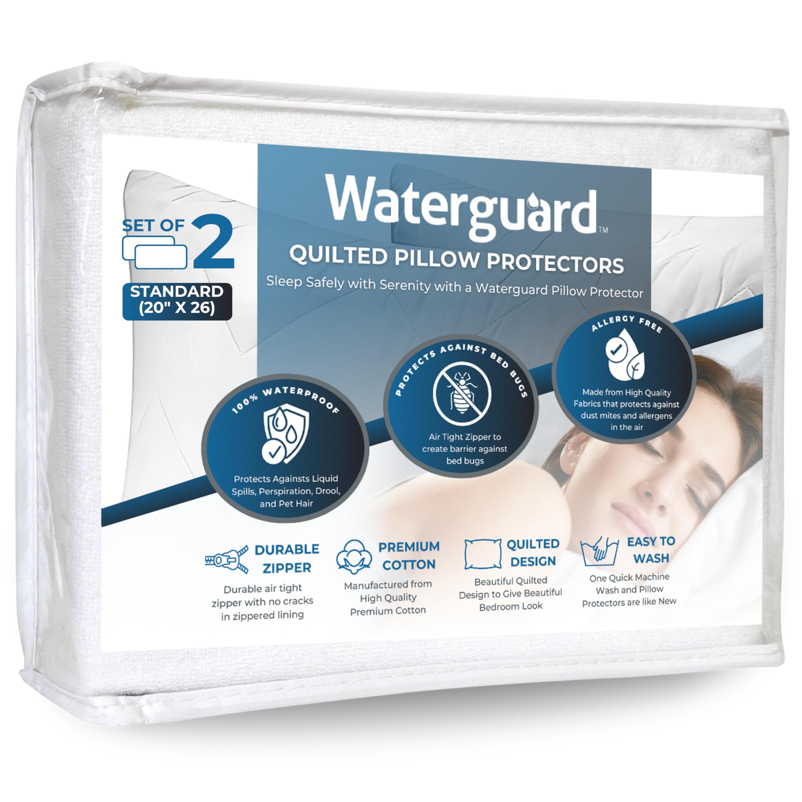 Waterproof & Bed Bug Proof Quilted Pillow Protector - Standard Size Zippered Pillow Cover for Dust Mites, Stains & Spills - Luxury Hypoallergenic Pillowcase for Allergy Relief (Perfect for Home, Travel & Hotel Use)