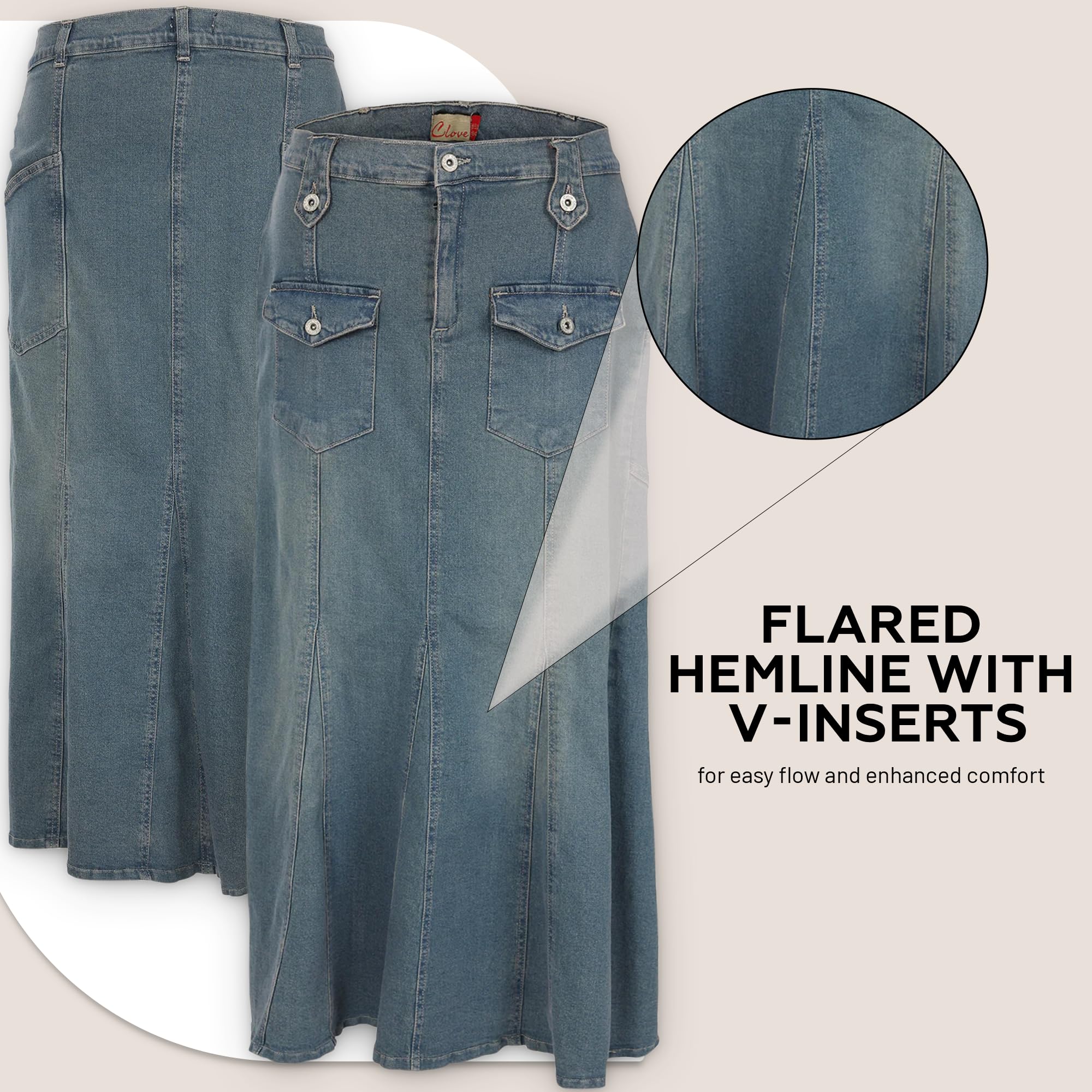 Trendy Blue Denim Flare Jeans Skirt for Women with Front Pocket - Stylish & Comfortable Plus Size Long Denim Skirt (UK 14-22) - Perfect for Casual Outings, Office Wear & Weekend Brunch