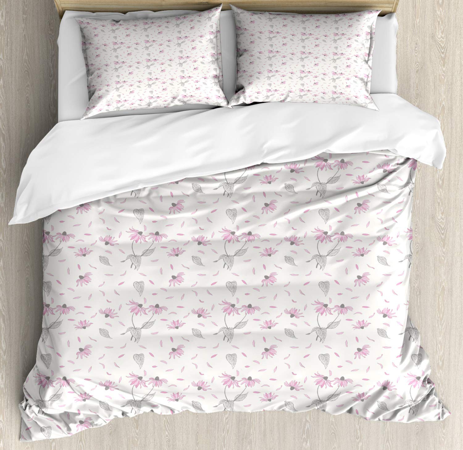 Lunarable Echinacea Duvet Cover Set - Pastel Floral Pattern 3-Piece Queen Bedding with 2 Pillow Shams | Spring Romance Decor in Off White & Pale Pink | Perfect for Master Bedroom, Guest Room & Boho Chic Home Decor