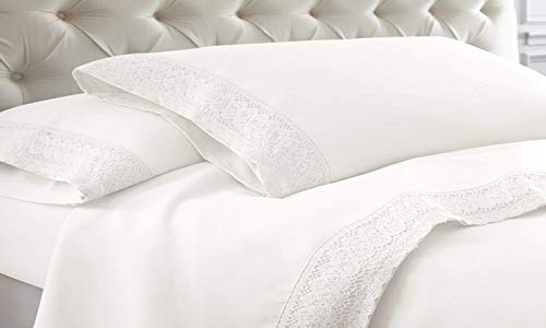 Premium 1000 Thread Count Full Size Bed Sheet Set - 100% Egyptian Cotton with Delicate Crochet Lace Trim | Luxury White Bedding for Master Bedroom, Guest Room & Hotel Use
