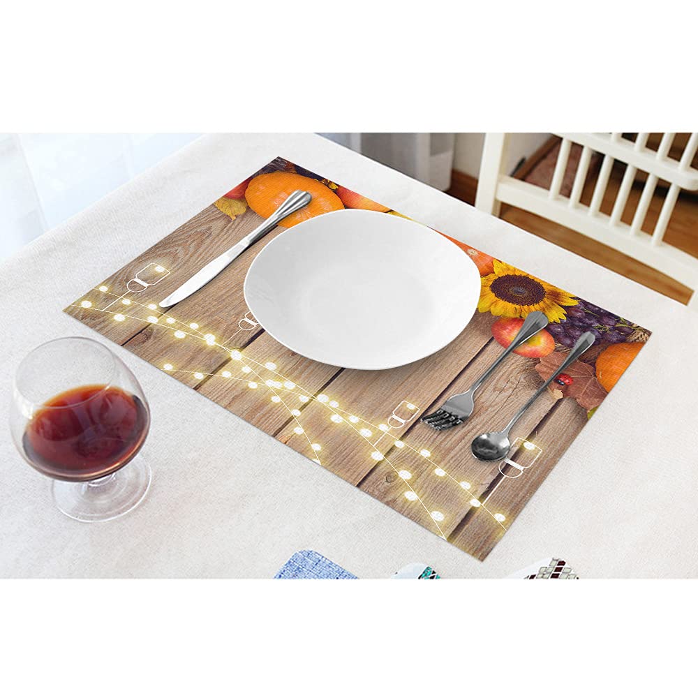 WONDERTIFY Heat-Resistant Pumpkin Placemats Set of 4 - Autumn Harvest Design with Apples & Sunflowers - 12x18 Inch Wooden Table Mats - Stain & Heat Proof for Thanksgiving, Fall Dining Decor