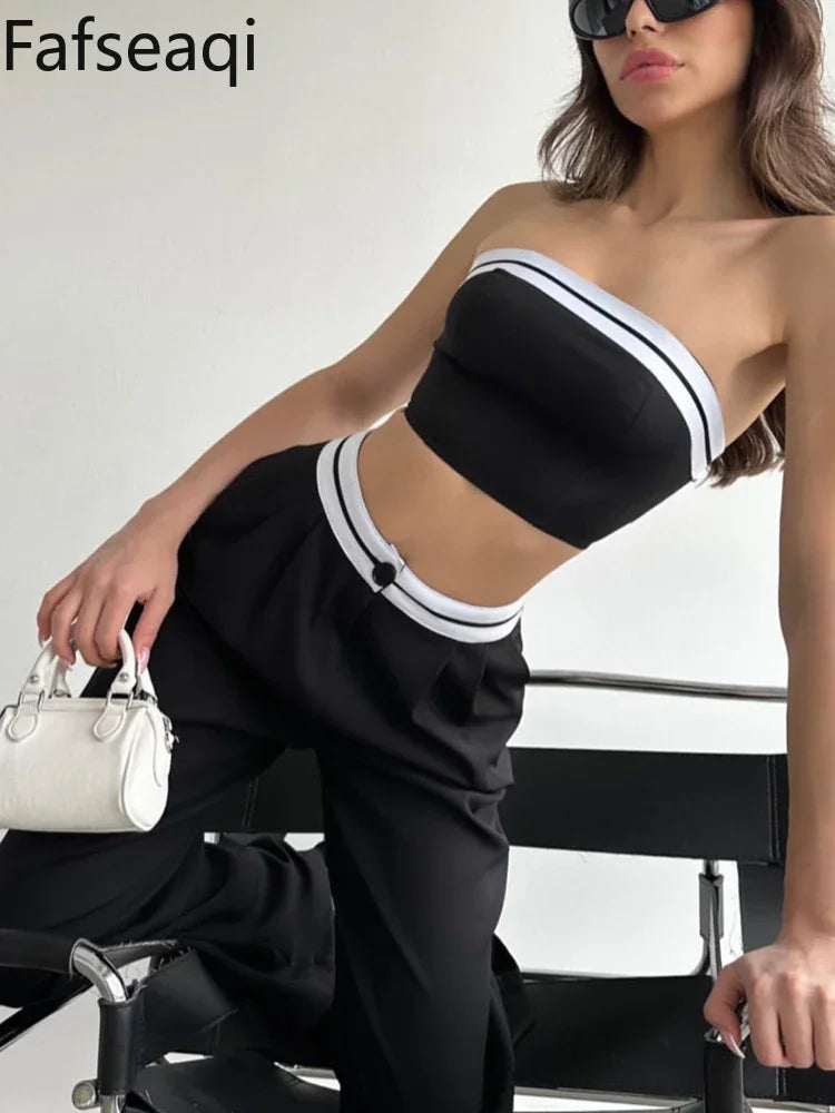 Black Women's Tracksuit Set - Sexy Boob Tube Top with Slash Neck & Contrast Color Wide Leg Pants | 2-Piece Outfit for Gym, Streetwear & Casual Fashion