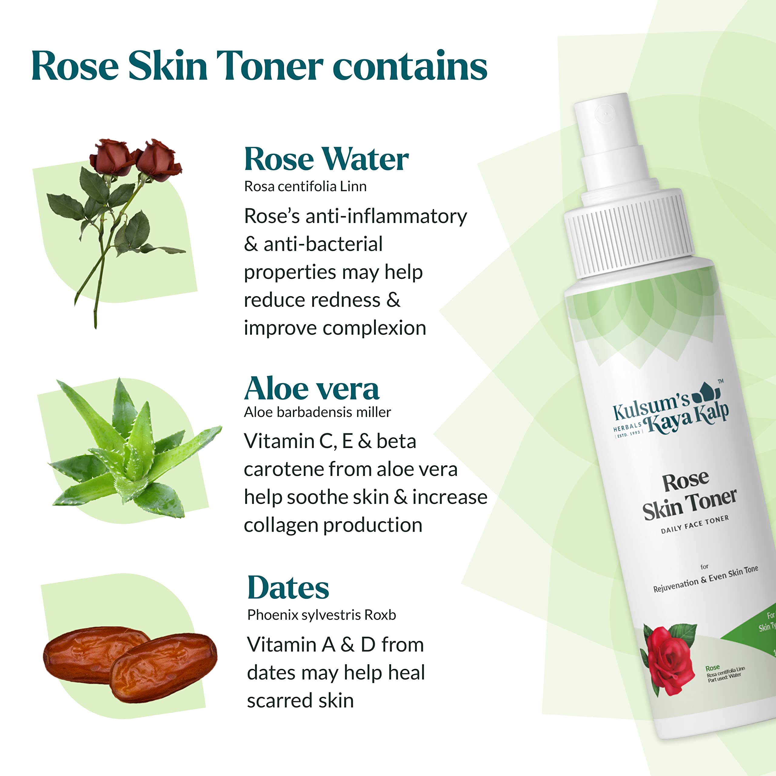 Kulsum's Kaya Kalp Herbals Rose Skin Toner - Natural Skin Rejuvenation & Even Tone | pH Balancing Facial Toner with Rose Water | For Men & Women | All Skin Types | 100ml | Perfect for Daily Skincare Routine & Post-Cleansing Refreshment