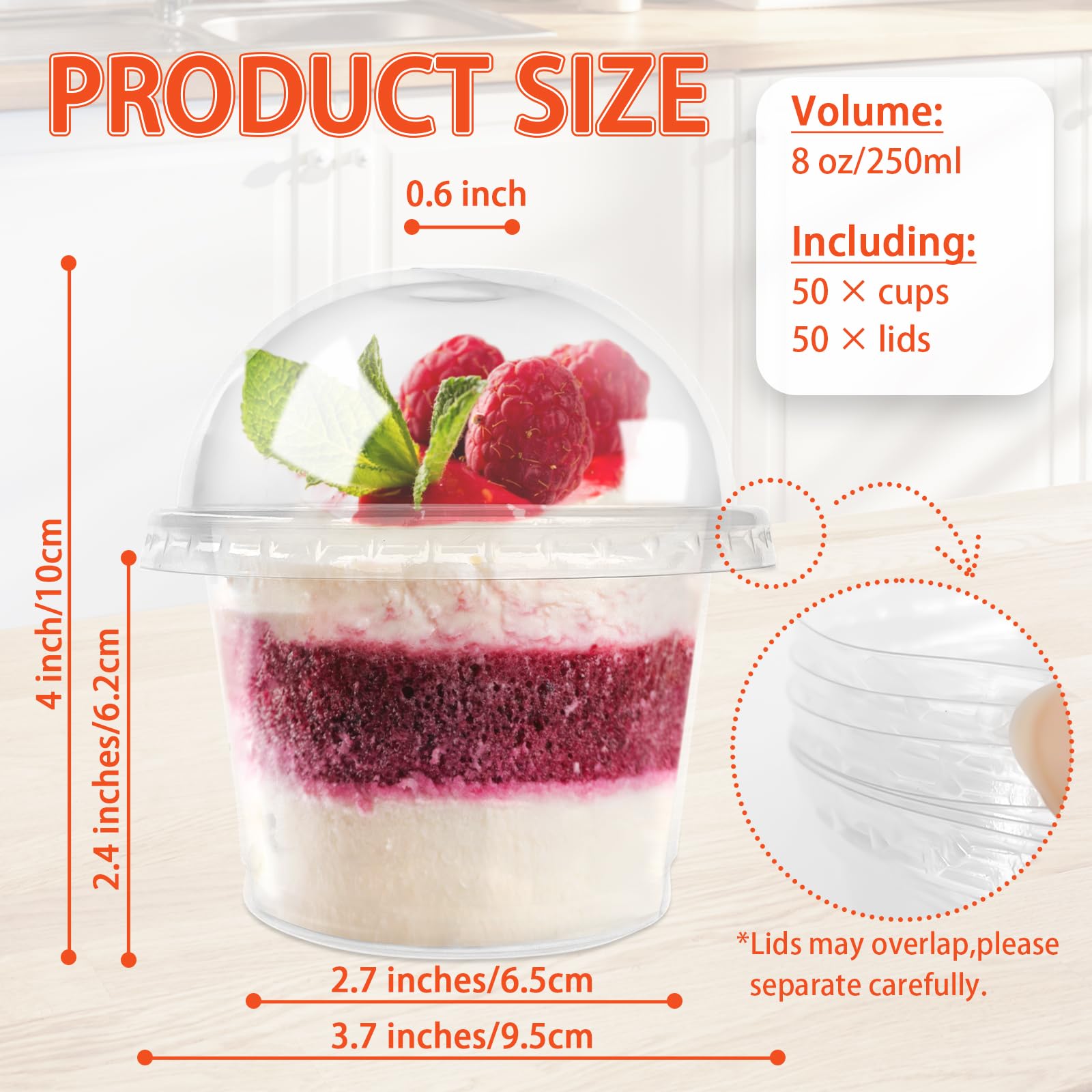 50 Pcs 8 OZ Clear Disposable Plastic Cups with Dome Lids - Mini Parfait Dessert Containers for Ice Cream, Cake, Fruit, Pudding, Jello Shots, Drinks, Yogurt, Soups, Salads & Snacks - Perfect for Parties, Catering, Restaurants & Home Use