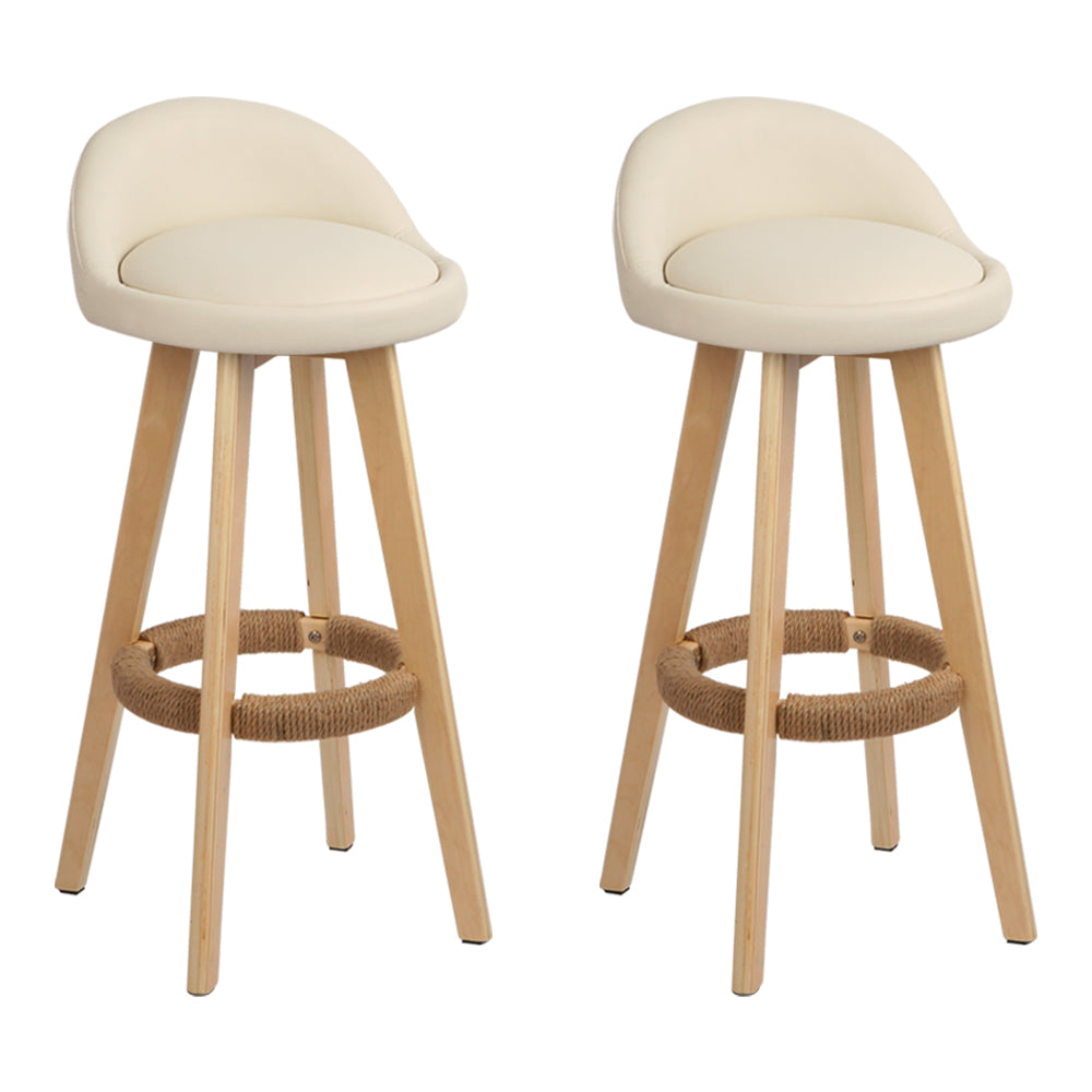 2 Padded Leather Bar Stools with Wooden Frame in Beige - Perfect for Kitchen Islands, Breakfast Bars & Home Decor
