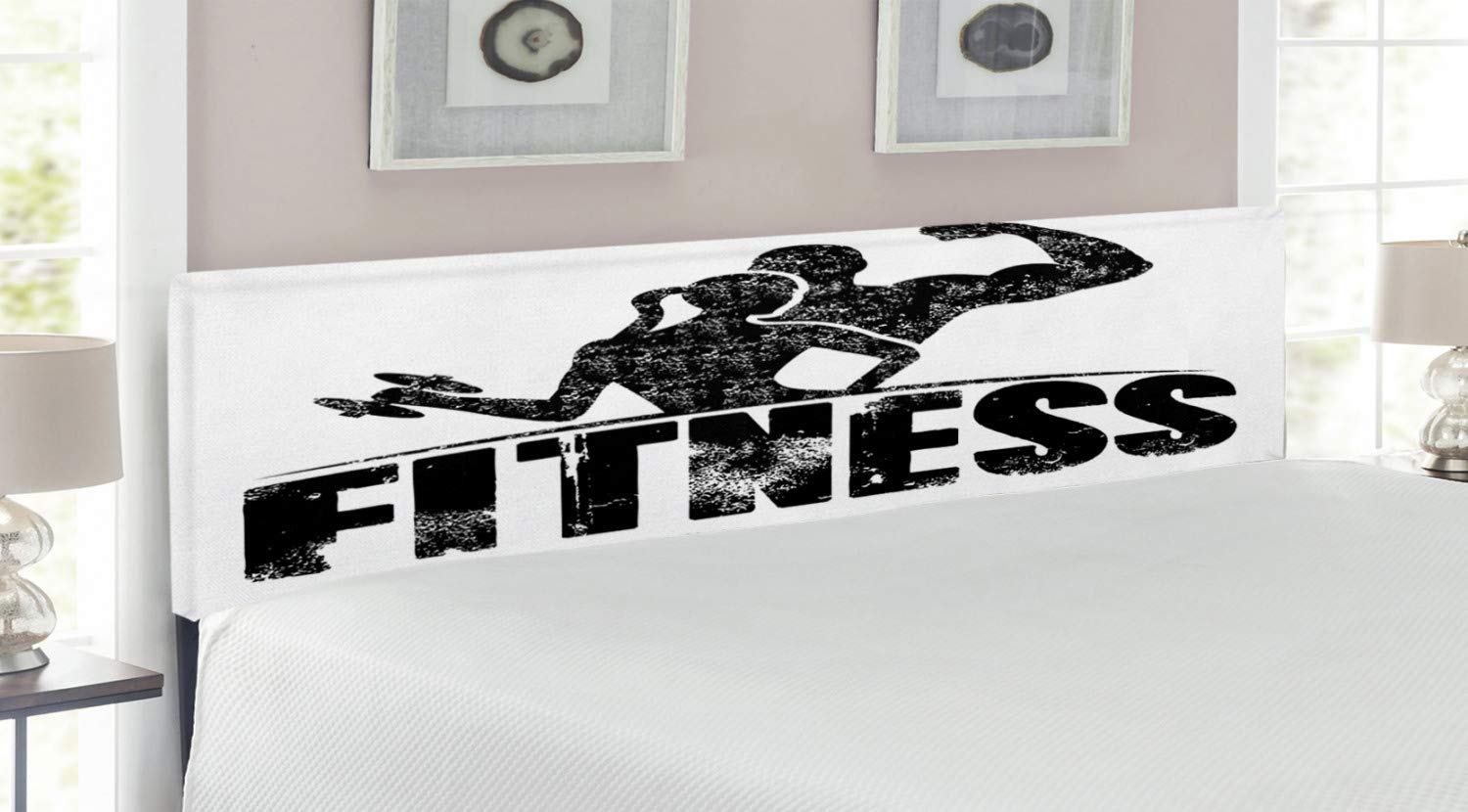 Ambesonne Fitness Headboard - Grunge Silhouette of Couple Working Out, Upholstered Metal Bed Headboard with Memory Foam, King Size Black & White - Perfect for Home Gym & Bedroom Decor
