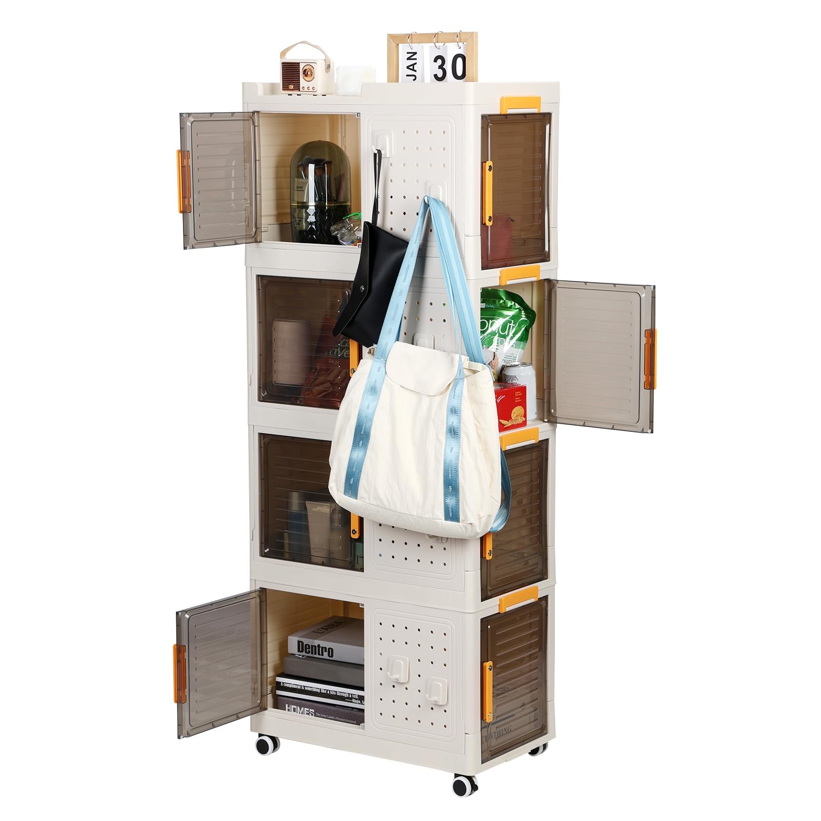 Foldable Storage Bins with Lids - 4-Layer Stackable Collapsible Organizer Box, Wheeled Storage Cabinet & Clear Plastic Closet Organizer for Bedroom, Living Room, Office, Dorm - Perfect for Clothes, Toys, Books & Home Organization