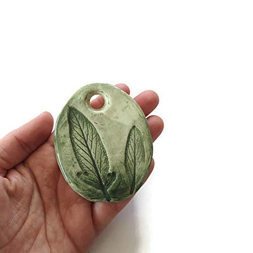 Extra Large Ceramic Sage Leaf Necklace Pendant - Engraved Botanical Charm for Women | Spiritual Jewelry, Yoga Accessory, Nature-Inspired Gift