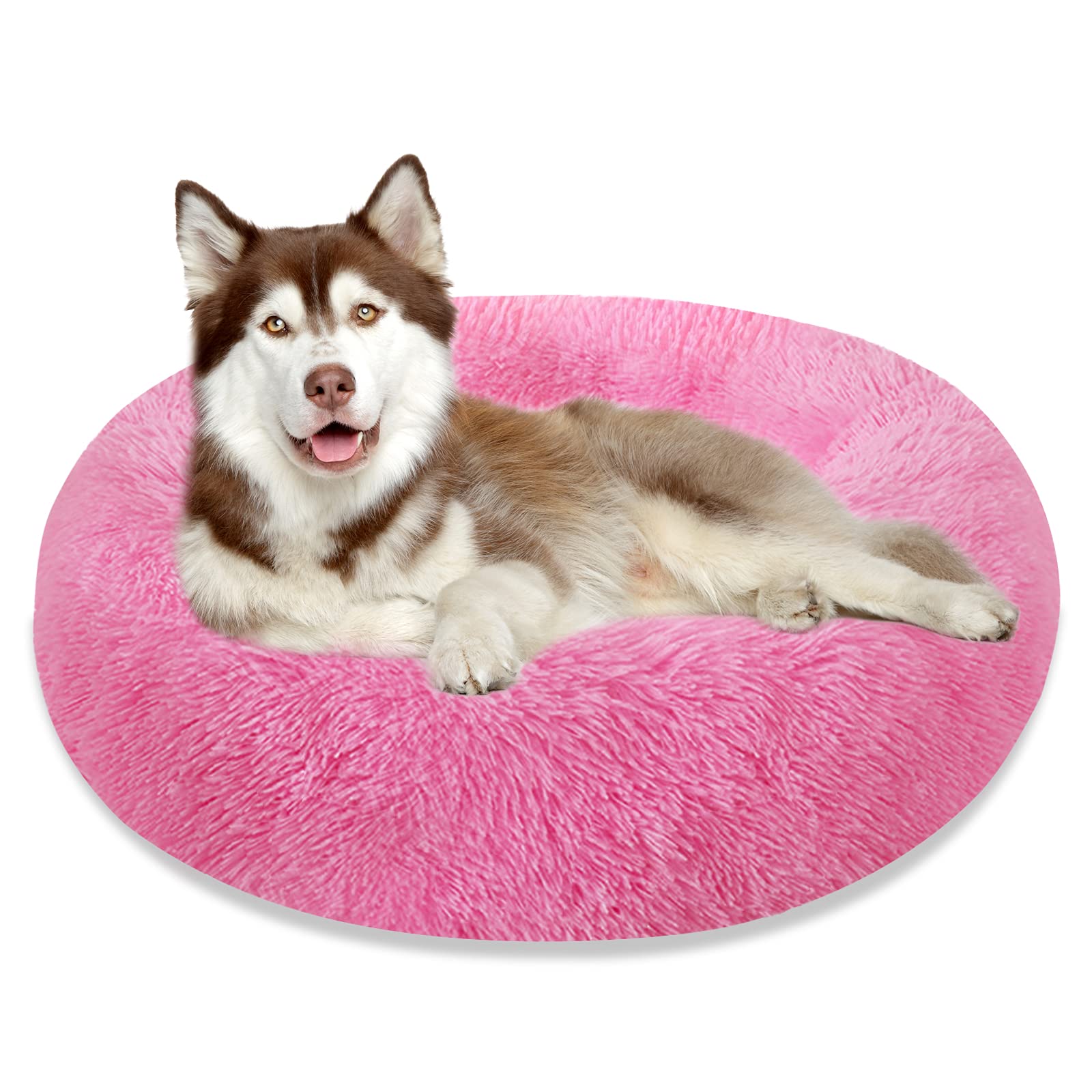 Calming Donut Dog Bed & Cat Bed - Anti-Anxiety Pet Bed for Small, Medium, Large Dogs & Cats - Machine Washable Round Cuddler with Faux Fur & Waterproof Non-Slip Bottom (23/30/36 Inch) - Perfect for Anxiety Relief, Crate Training & Cozy Napping Spots