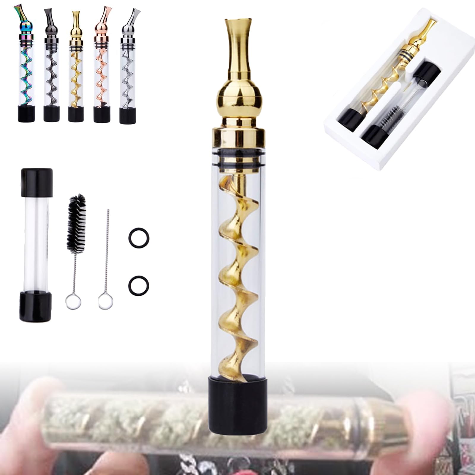 Premium Portable Glass Twisty Blunt Pipe with Built-in Grinder & Adjustable Chamber - Easy to Clean & Swivel Head Design (Gold) | Perfect for Travel, Outdoor Activities & Discreet Smoking Sessions