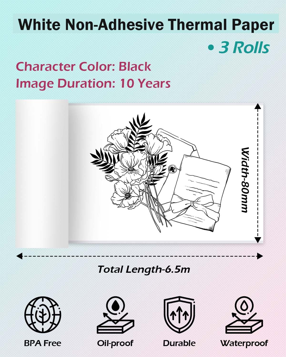 Phomemo 80mm Non-Adhesive Thermal Paper Rolls (3-Pack) - Compatible with M03/M03AS/M04S/M04AS Sticky Note Printers - Black on White for Receipts, Notes & Lists - Perfect for Home, Office & Retail Use