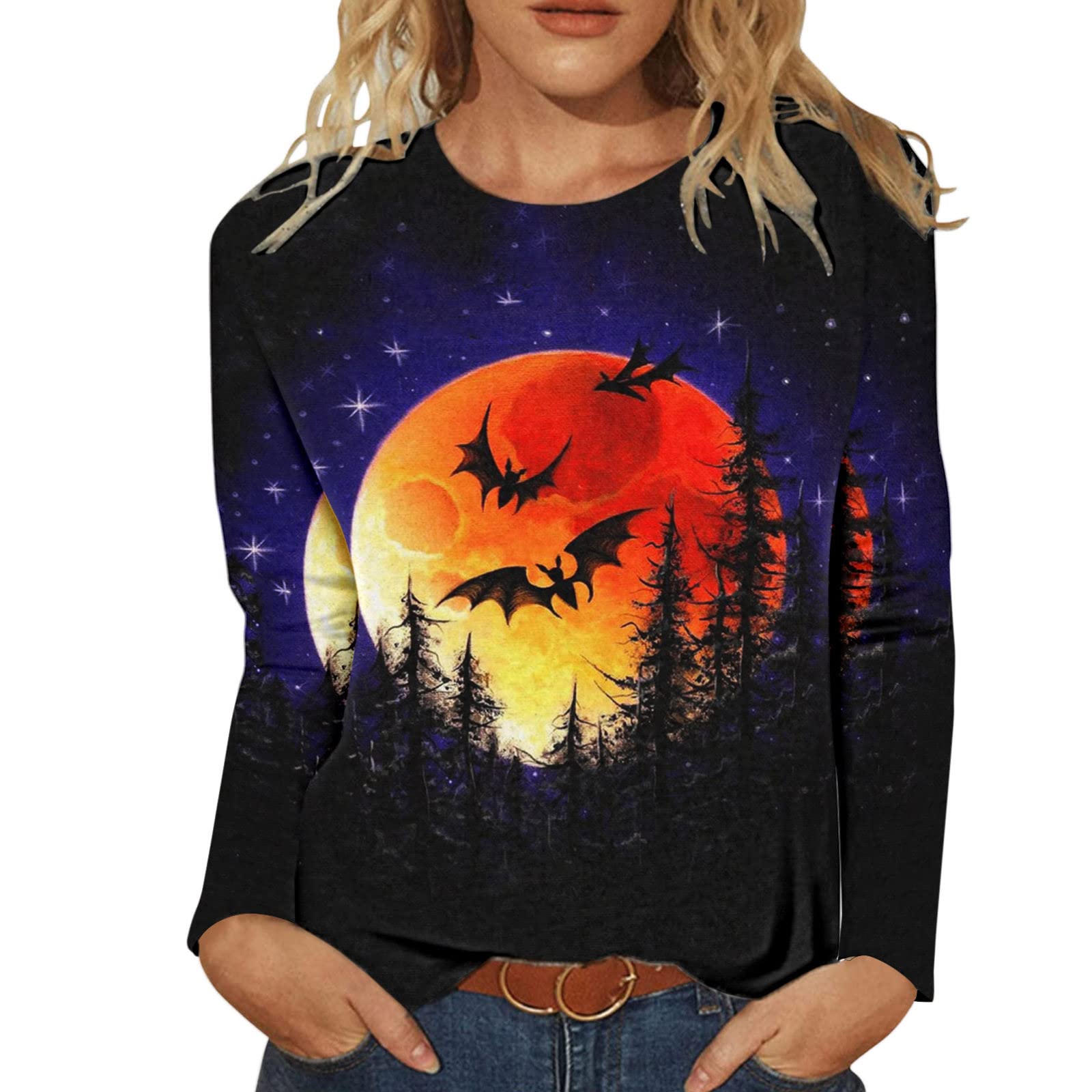 Stylish Halloween Graphic Tees for Women - Skull Print Long Sleeve Crewneck Sweatshirt | Oversized Pullover Top for Costume Parties & Fall Fashion