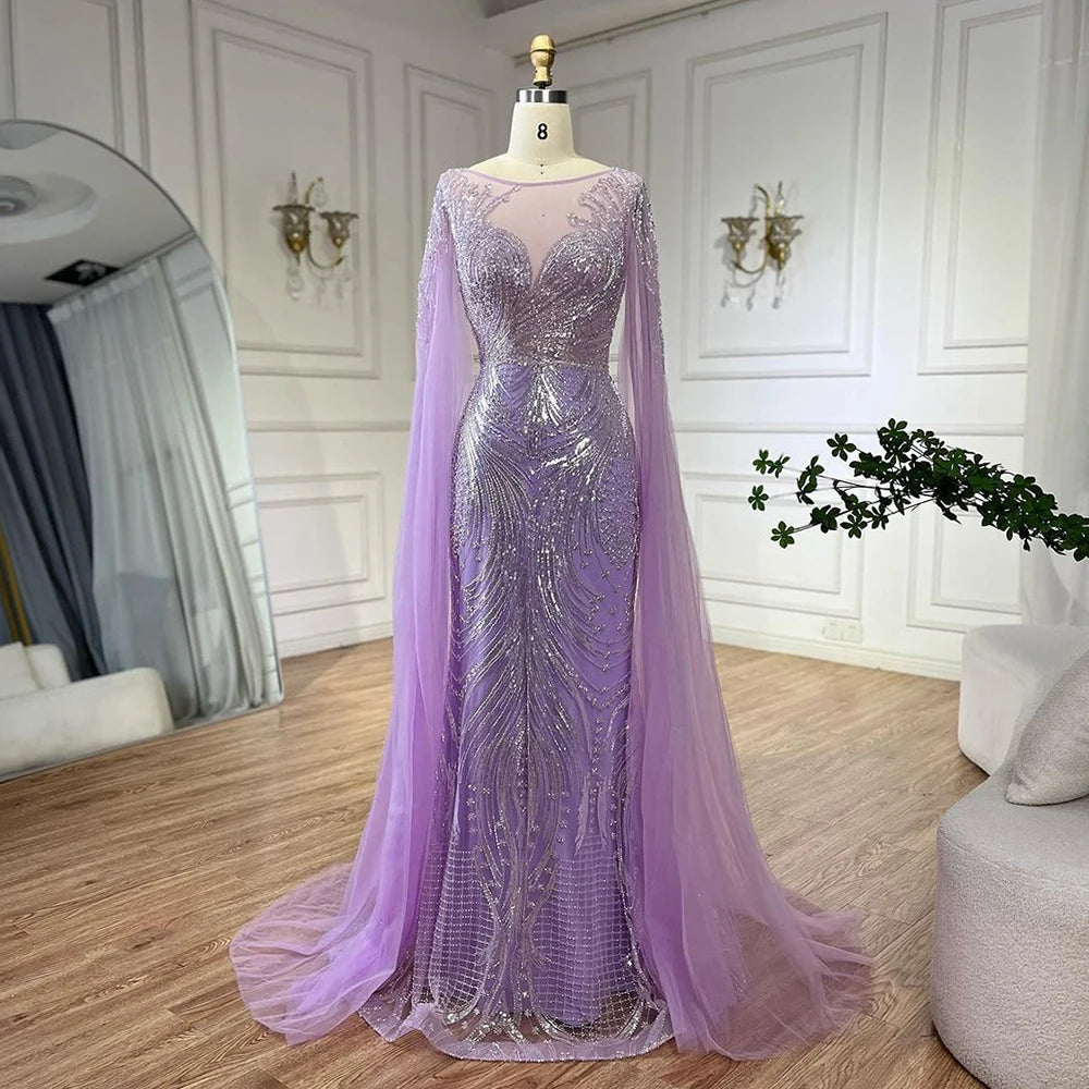 Elegant Dubai Arabic Lilac Beaded Mermaid Evening Gown with Cape Sleeves for Women - Luxury Party Dress for Weddings, Galas & Special Occasions | Serene Hill Collection LA72532