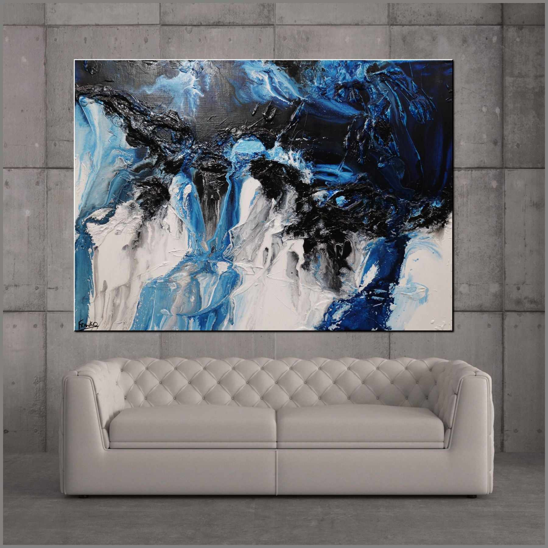 Midnight Granite 140cm x 100cm Black Blue White Textured Abstract Canvas Wall Art - Modern Home Decor for Living Room, Bedroom & Office