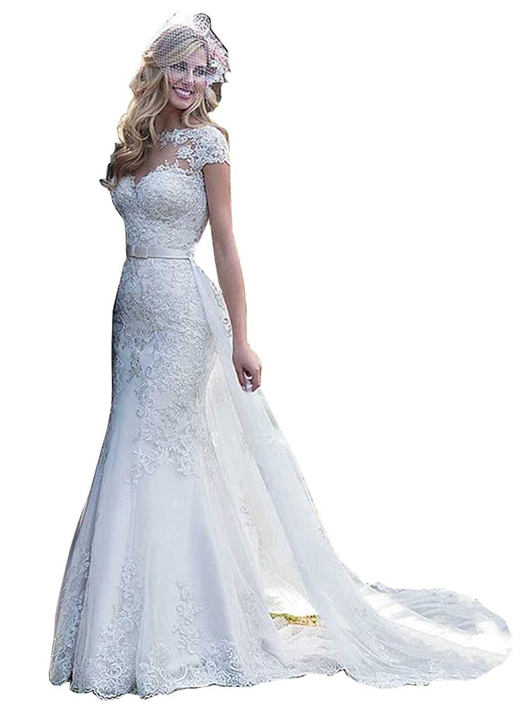 Elegant Mermaid Beach Wedding Dress for Bride 2024 - Cap Sleeves Lace Bridal Gown with Detachable Train | Perfect for Beach Weddings, Destination Elopements & Romantic Photoshoots