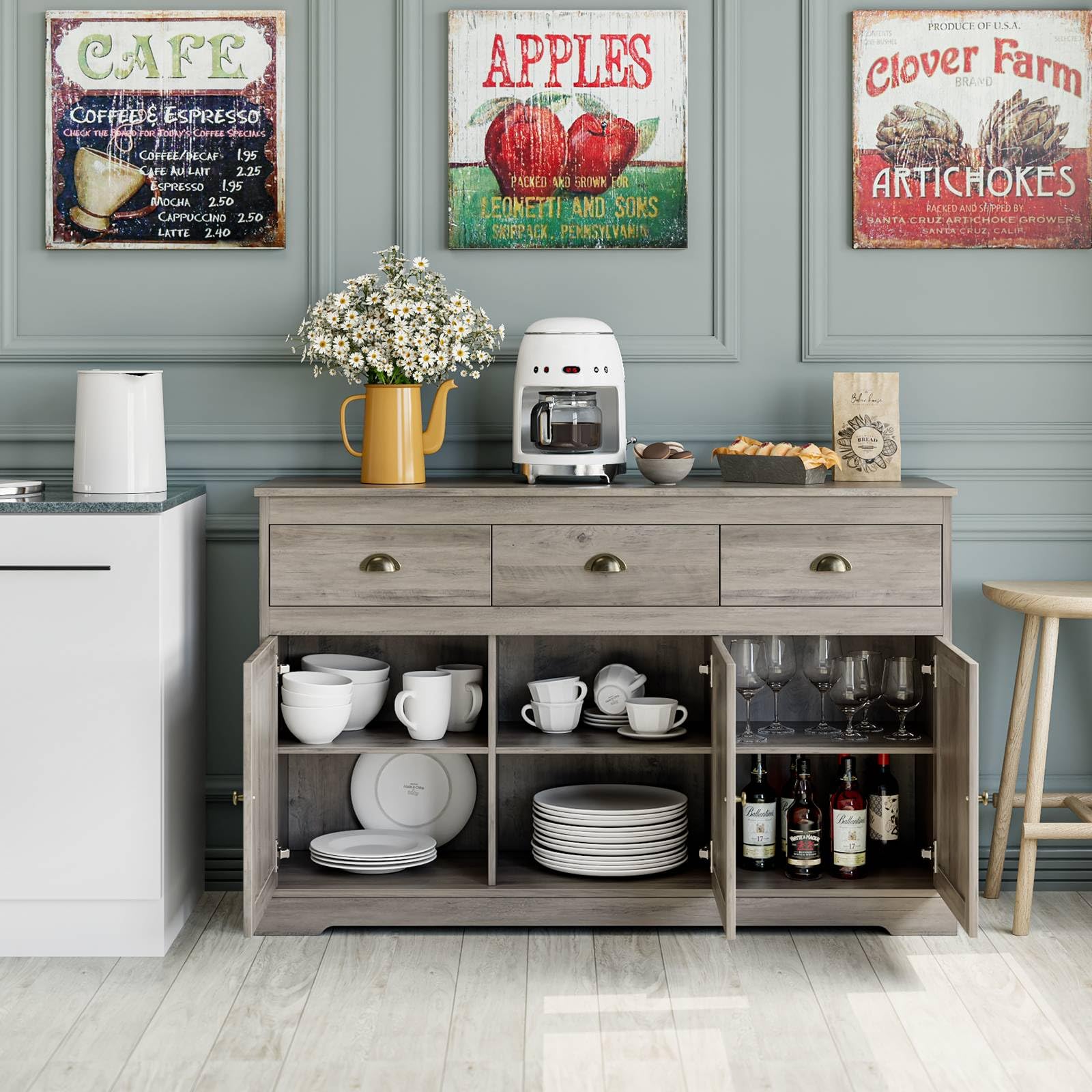 Keyluv Buffet Storage Cabinet - Farmhouse Style Sideboard with 3 Drawers & 3 Doors, Adjustable Shelves Console Table for Kitchen, Dining & Living Room - Grey Wash | Perfect for Wine Storage, Bar Server & Home Organization
